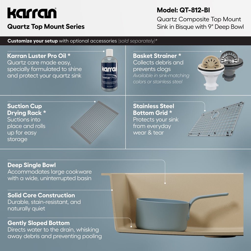 33" Top Mount Large Single Bowl Quartz Composite Kitchen Sink In Bisque
