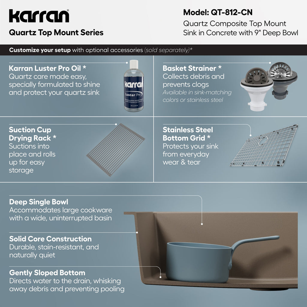 33" Top Mount Large Single Bowl Quartz Composite Kitchen Sink In Concrete