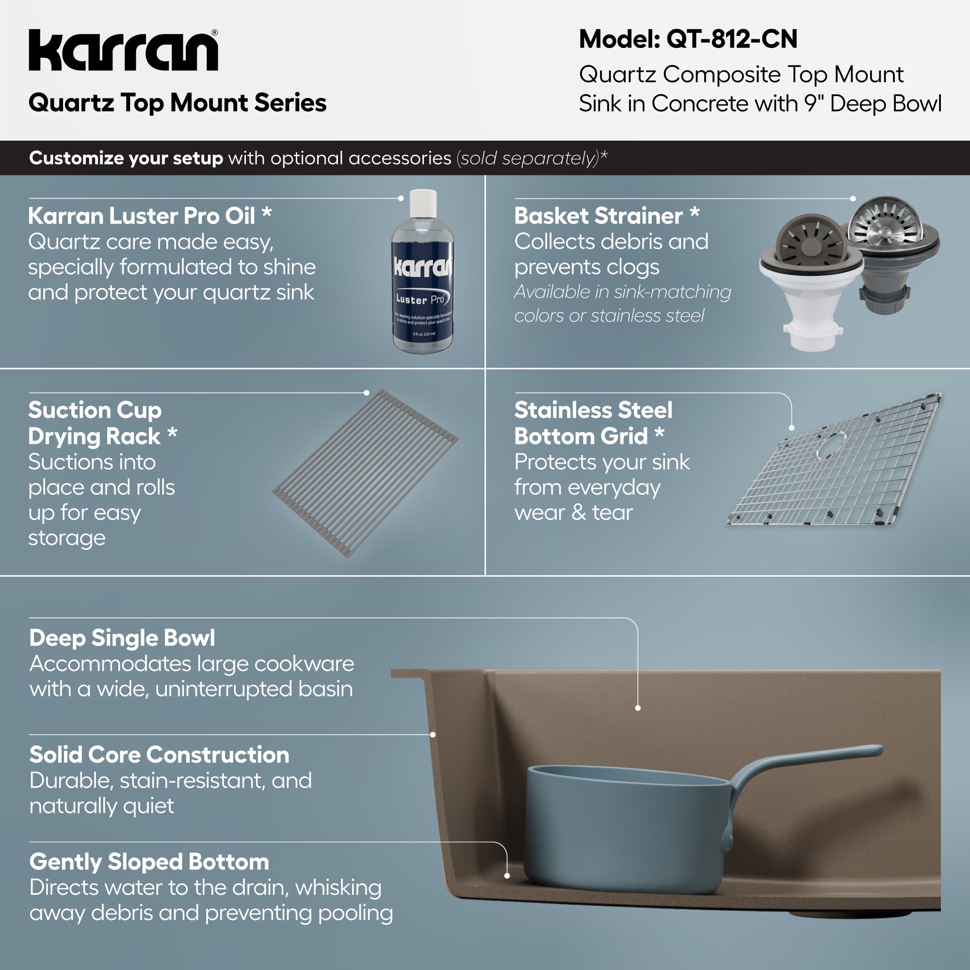 33" Top Mount Large Single Bowl Quartz Composite Kitchen Sink In Concrete