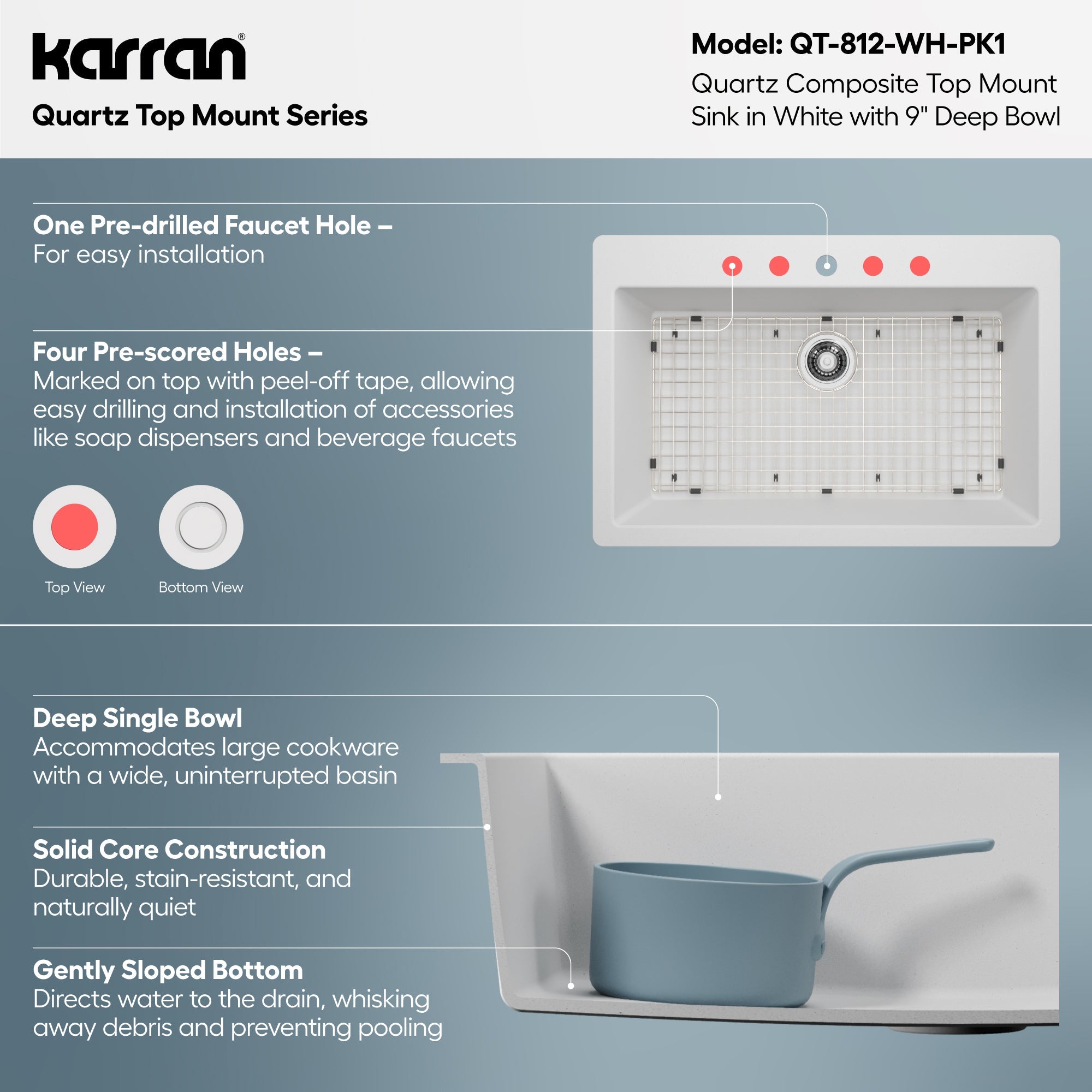 33" Top Mount Large Single Bowl Quartz Composite Kitchen Sink Kit In White