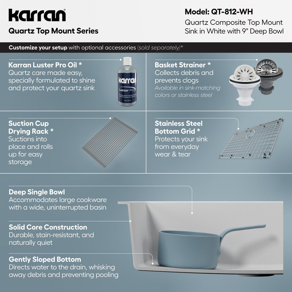 33" Top Mount Single Bowl Quartz Composite Kitchen Sink In White