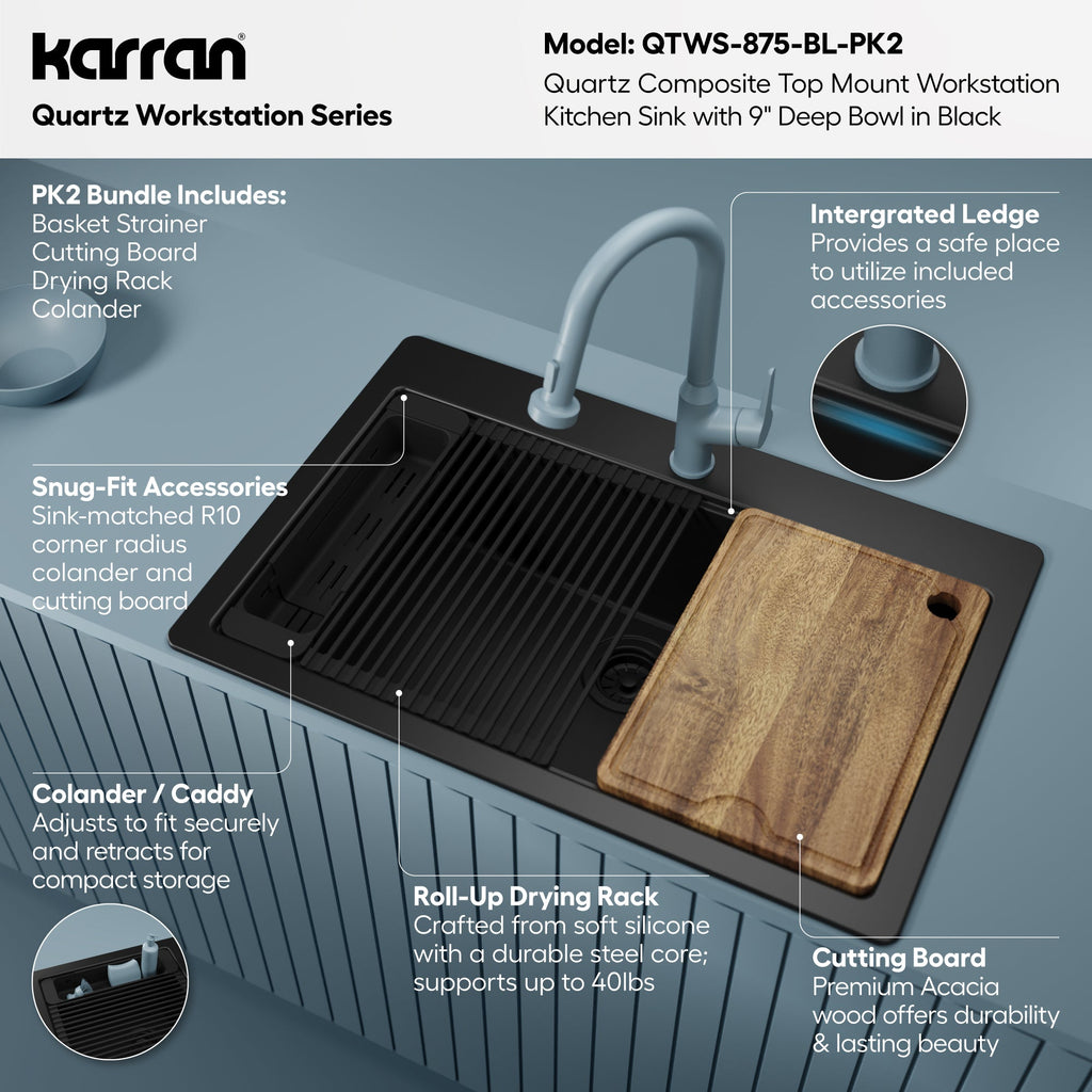 33" Top Mount Single Bowl Quartz Kitchen Sink Kit In Black