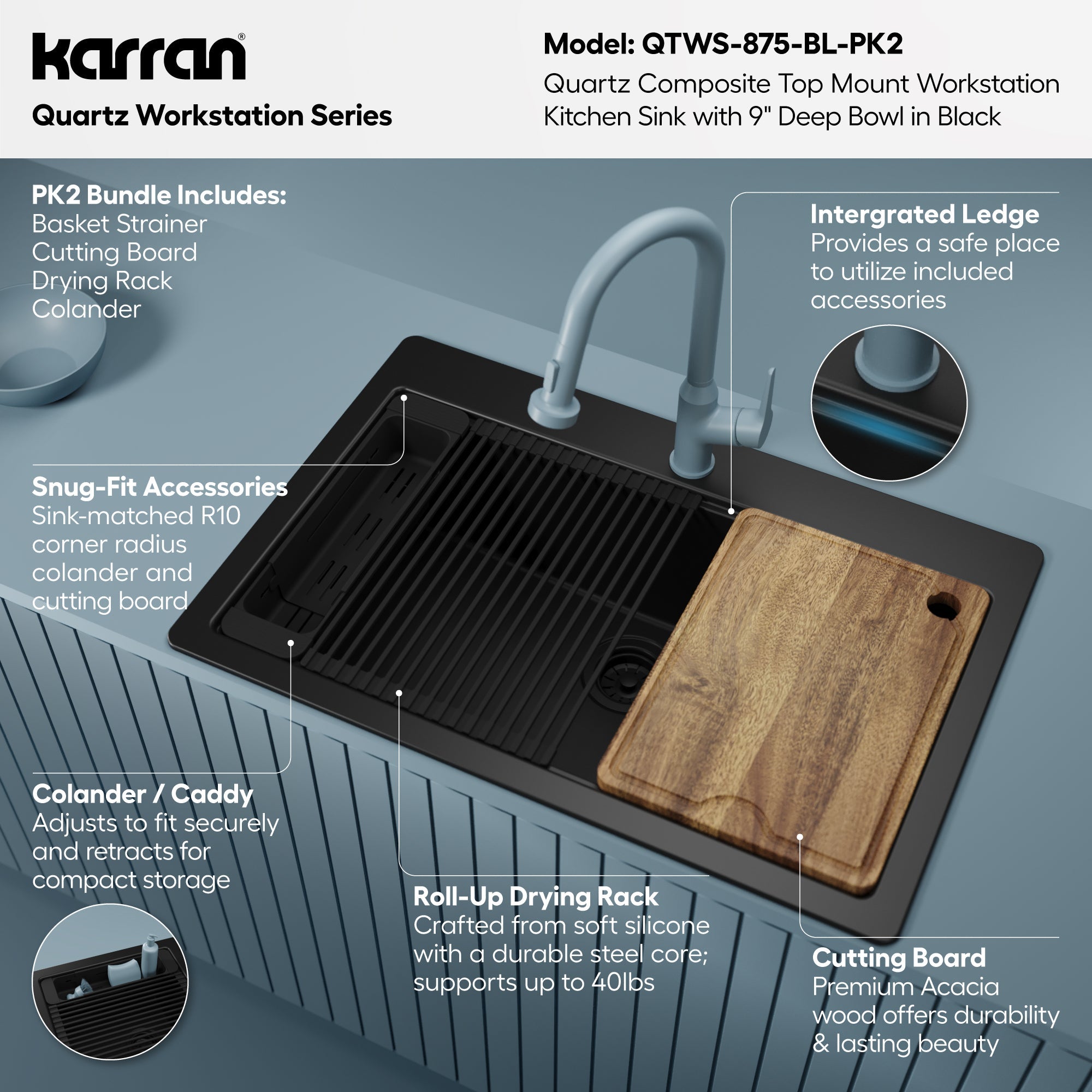 33" Top Mount Single Bowl Quartz Kitchen Sink Kit In Black