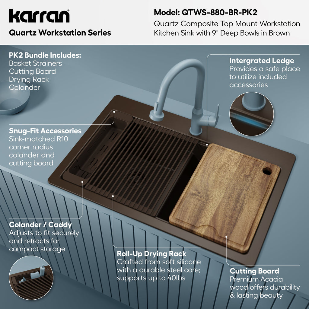 33" Top Mount Double Bowl Quartz Kitchen Sink Kit In Brown