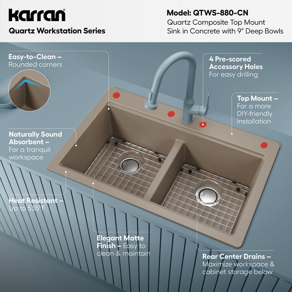 33" Top Mount Double Equal Bowl Quartz Composite Workstation Kitchen Sink In Concrete