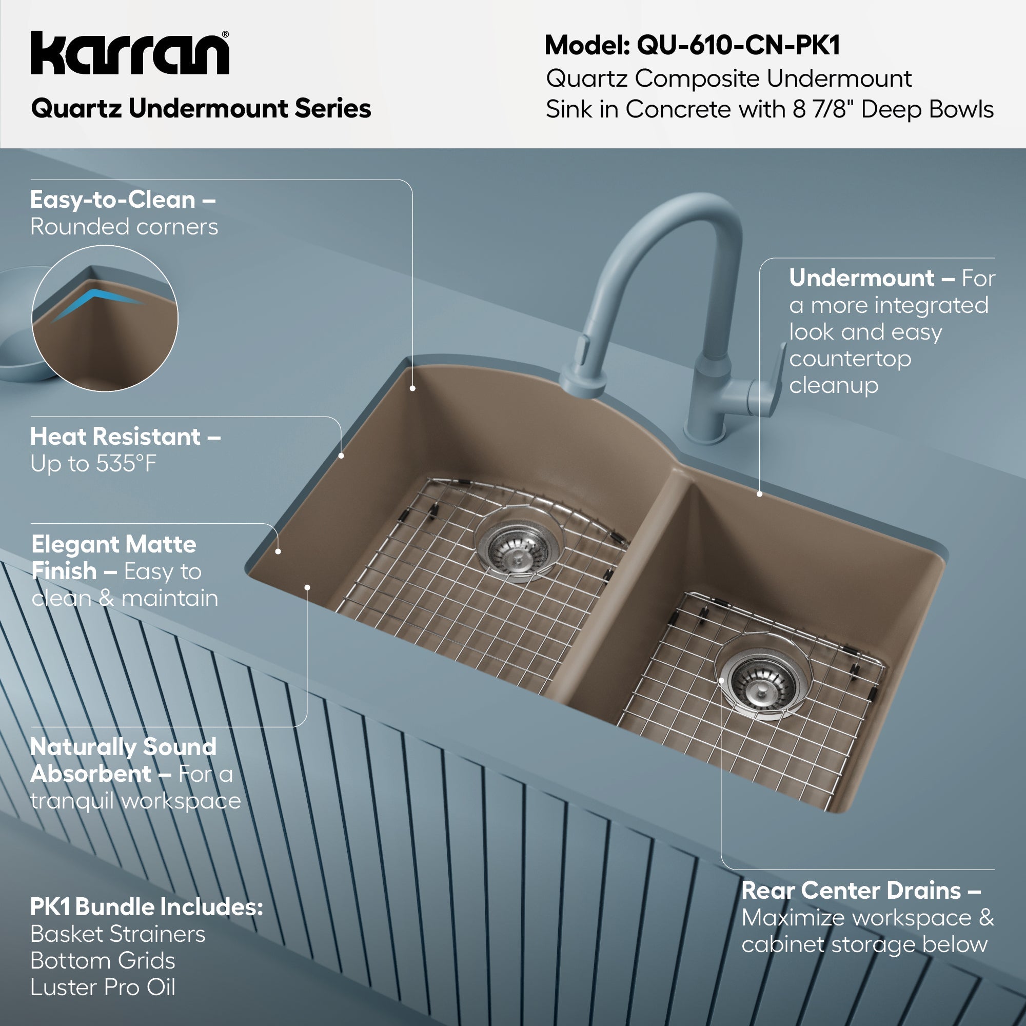32-1/4" Undermount Double Offset Bowl Quartz Composite Kitchen Sink Kit In Concrete