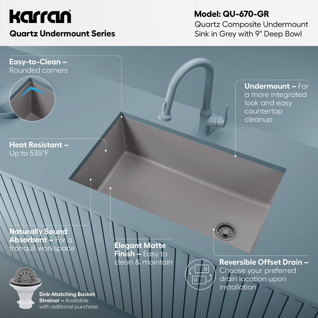 31-5/8" Undermount Large Single Bowl Quartz Composite Kitchen Sink In Grey