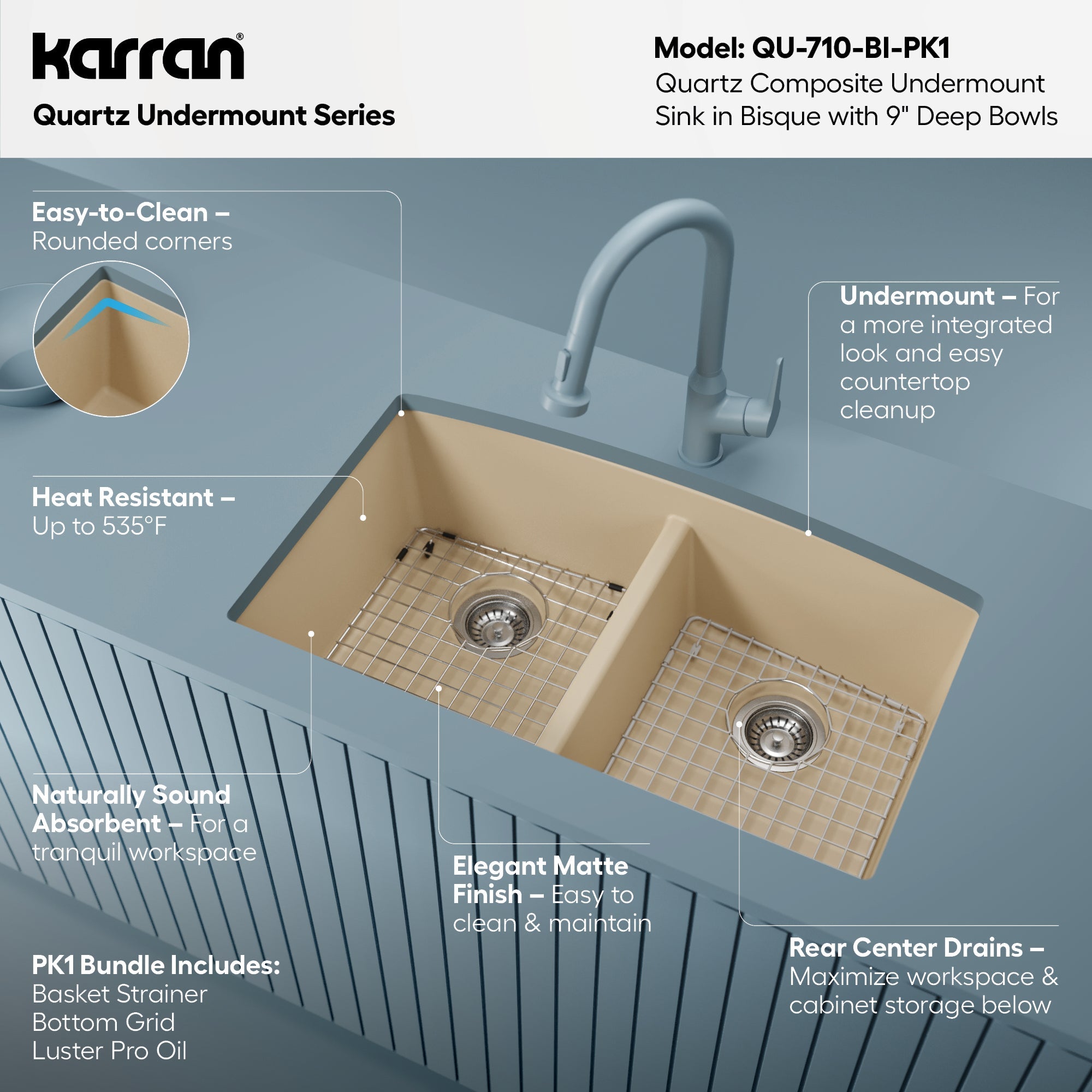 32-1/2" Undermount Double Equal Bowl Quartz Composite Kitchen Sink Kit In Bisque