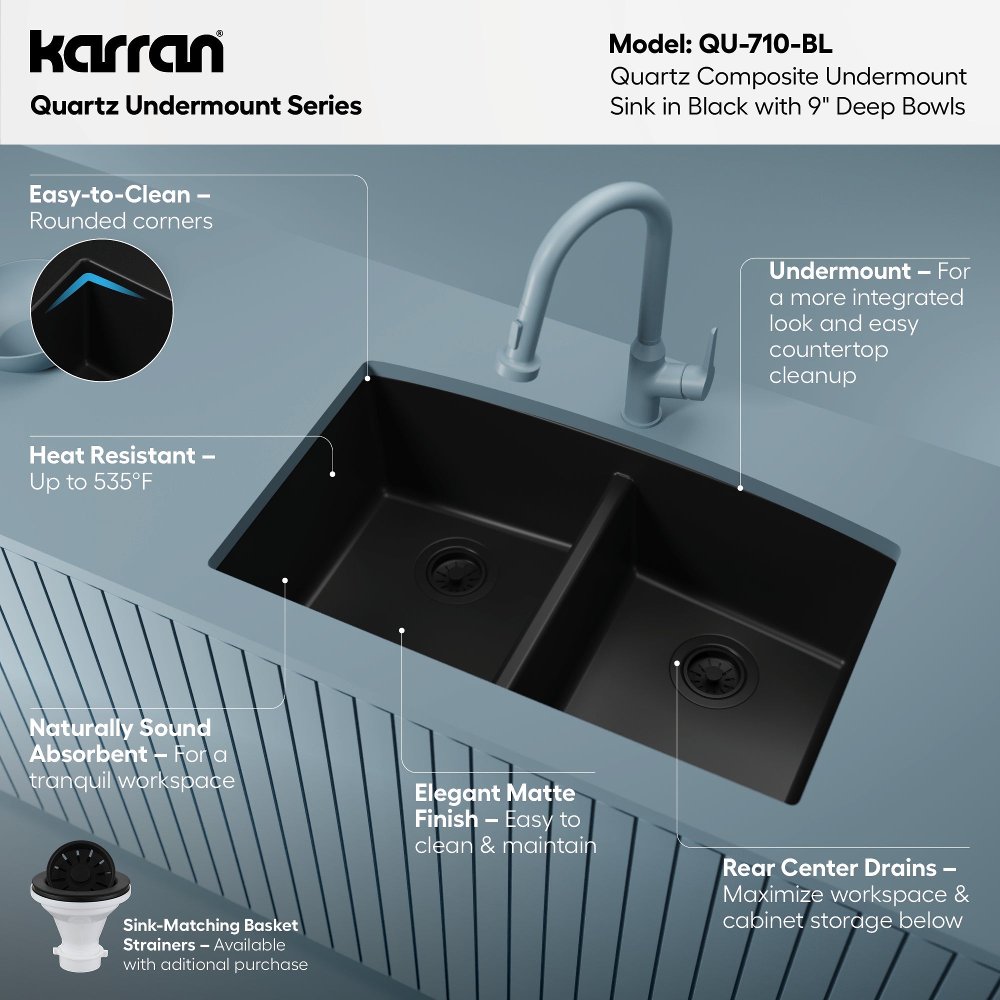 32-1/2" Undermount Double Equal Bowl Quartz Composite Kitchen Sink In Black