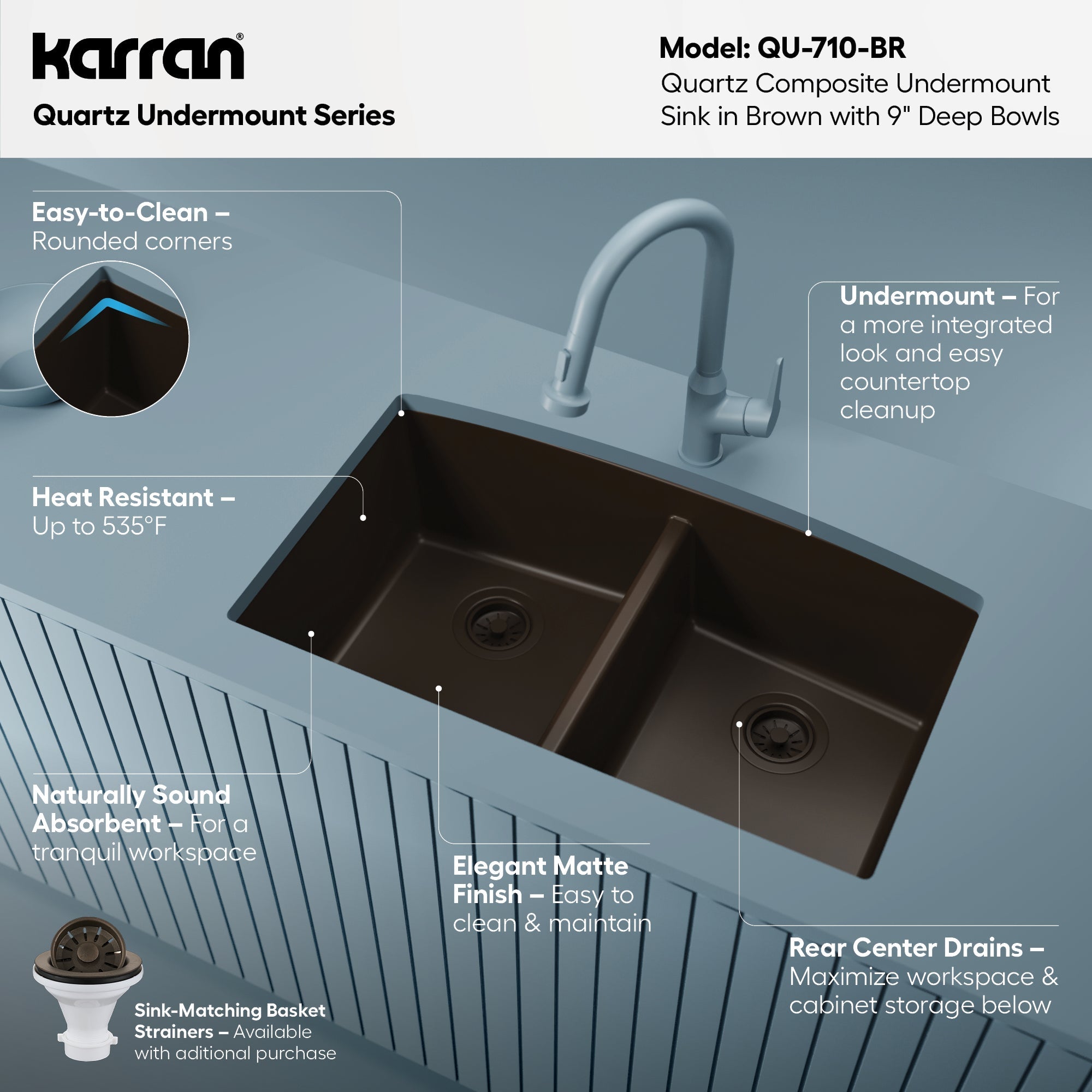 32-1/2" Undermount Double Equal Bowl Quartz Composite Kitchen Sink In Brown