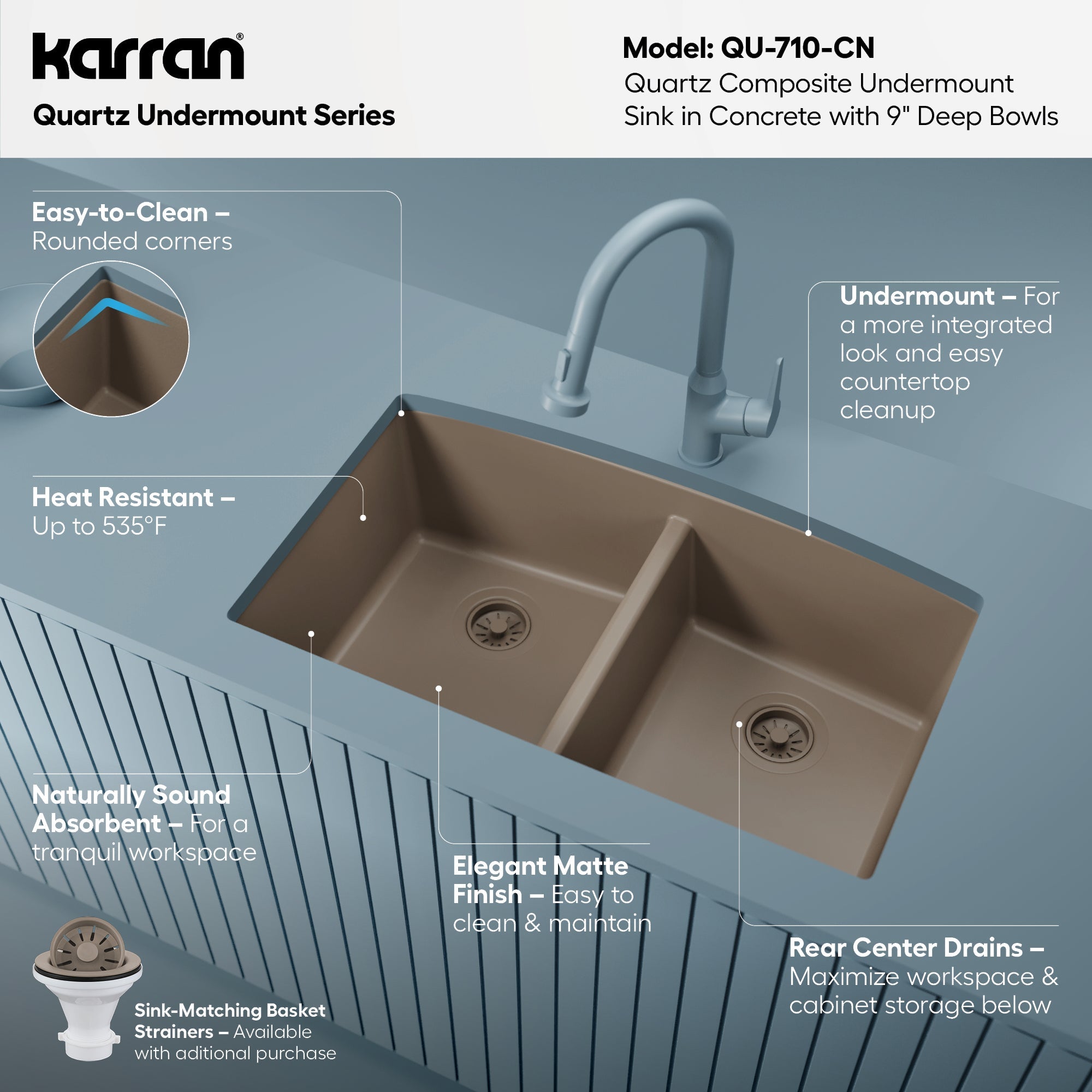 32-1/2" Undermount Double Equal Bowl Quartz Composite Kitchen Sink In Concrete