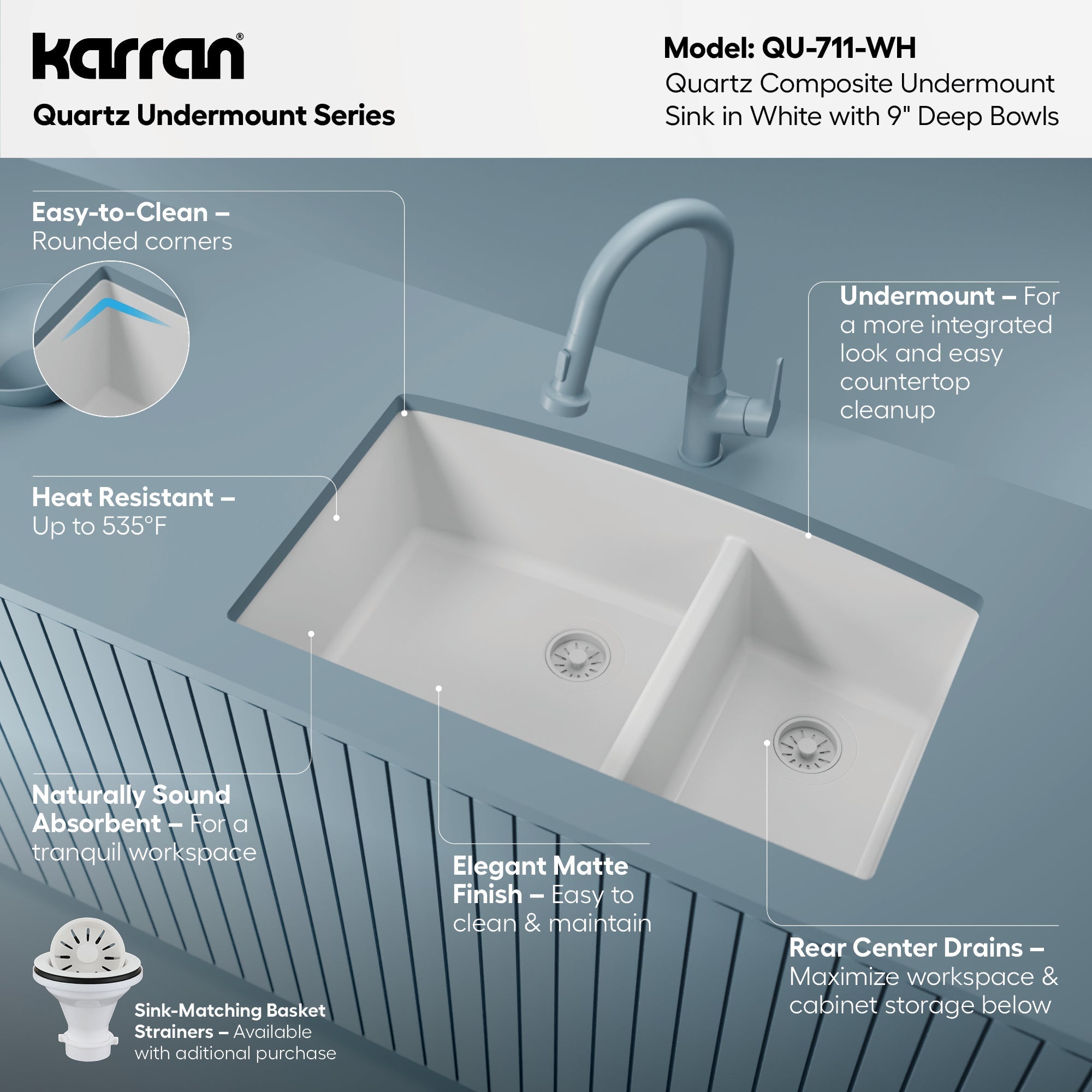 32-1/2" Undermount Double Offset Bowl Quartz Composite Kitchen Sink In White