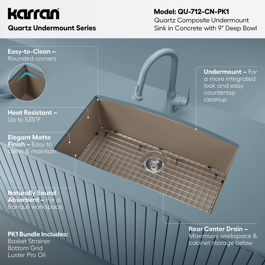 32-1/2" Undermount Large Single Bowl Quartz Composite Kitchen Sink Kit In Concrete
