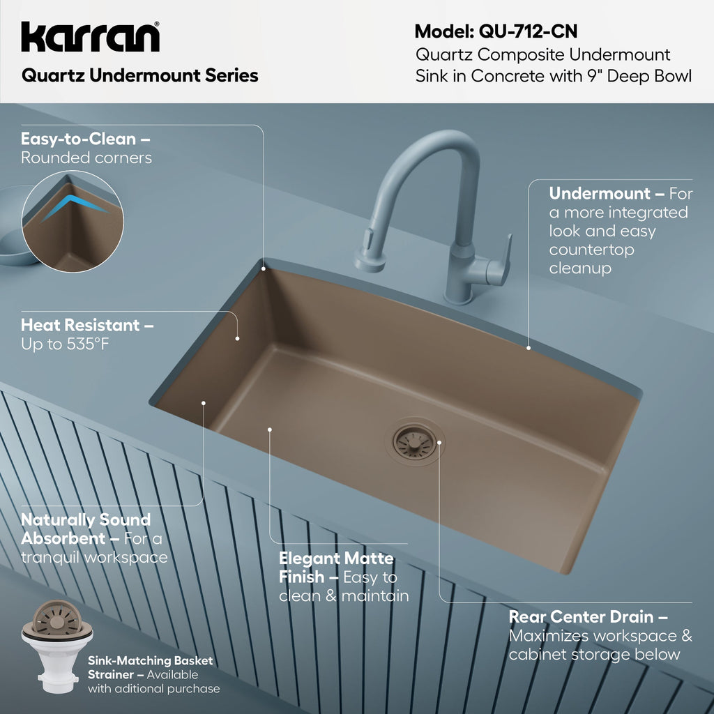 32-1/2" Undermount Large Single Bowl Quartz Composite Kitchen Sink In Concrete