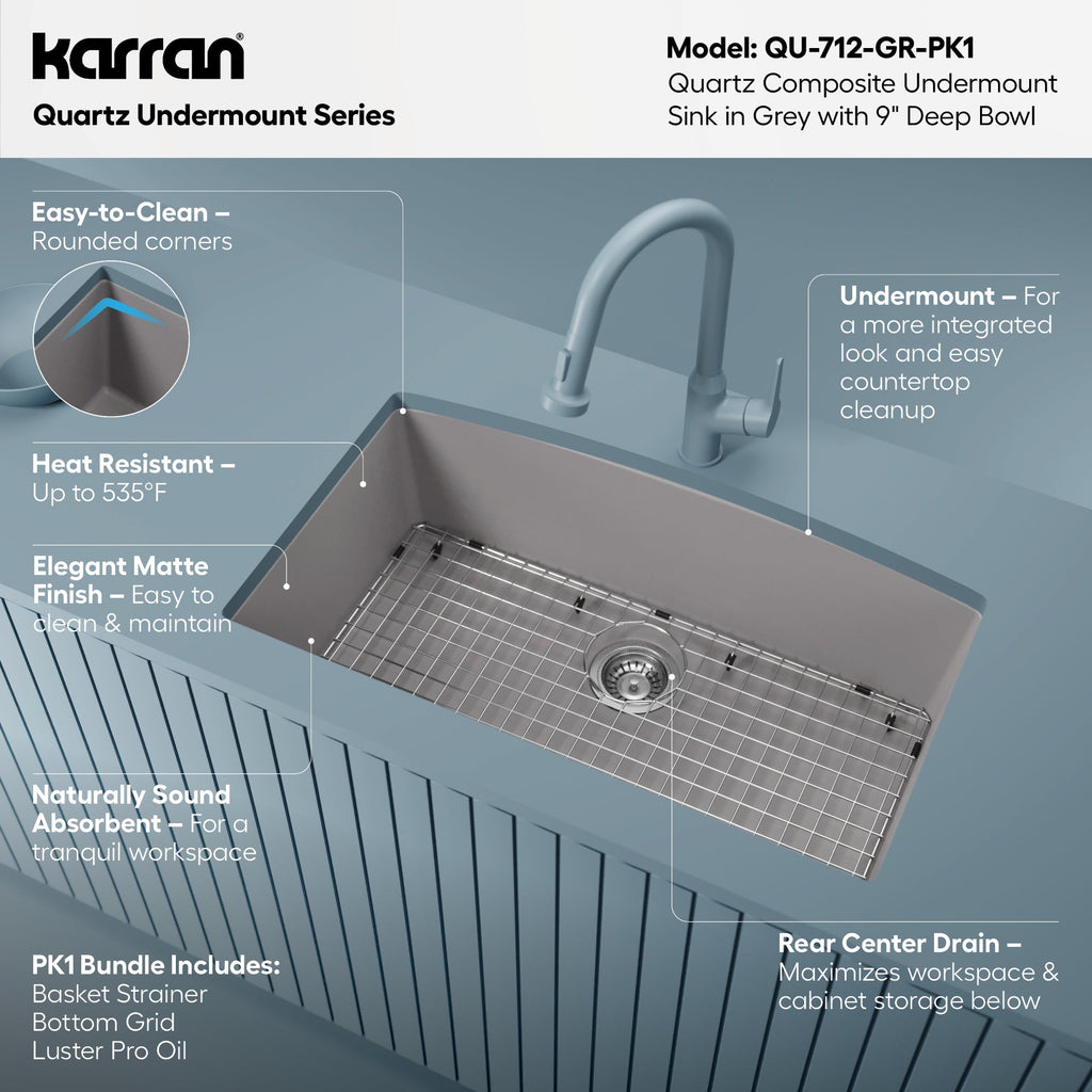 32-1/2" Undermount Large Single Bowl Quartz Composite Kitchen Sink Kit In Grey