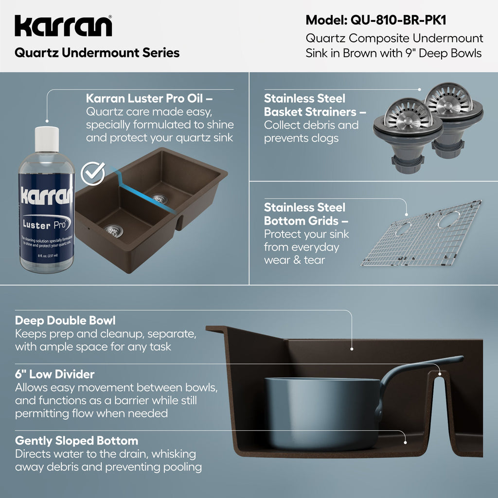 32-3/8" Undermount Double Equal Bowl Quartz Composite Kitchen Sink Kit In Brown