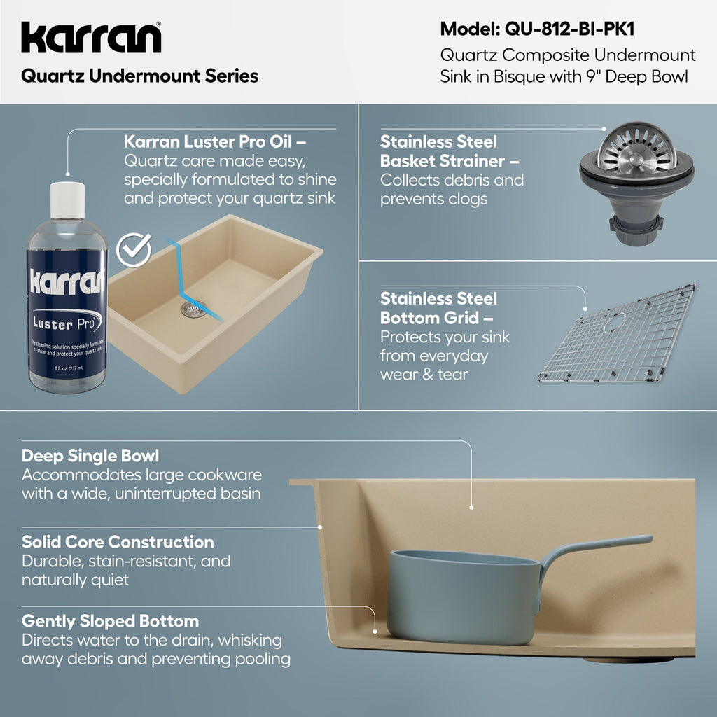 32-3/8" Undermount Large Single Bowl Quartz Composite Kitchen Sink Kit In Bisque