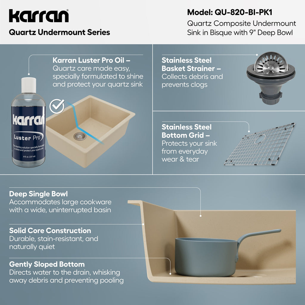 24-3/8" Undermount Single Bowl Quartz Composite Kitchen Sink Kit In Bisque