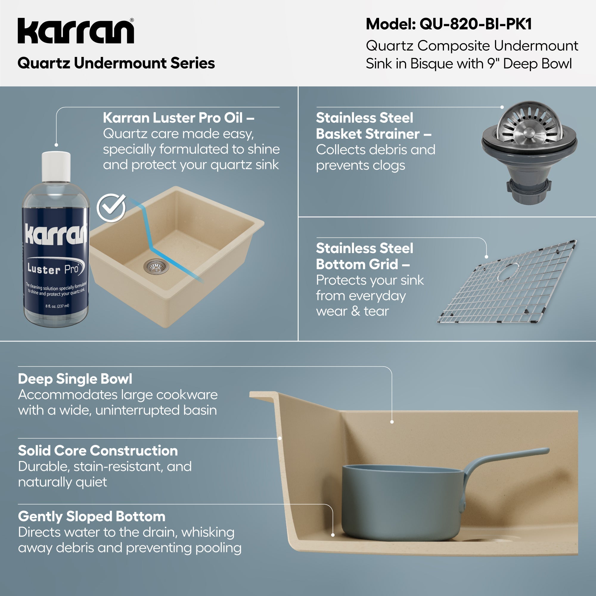 24-3/8" Undermount Single Bowl Quartz Composite Kitchen Sink Kit In Bisque