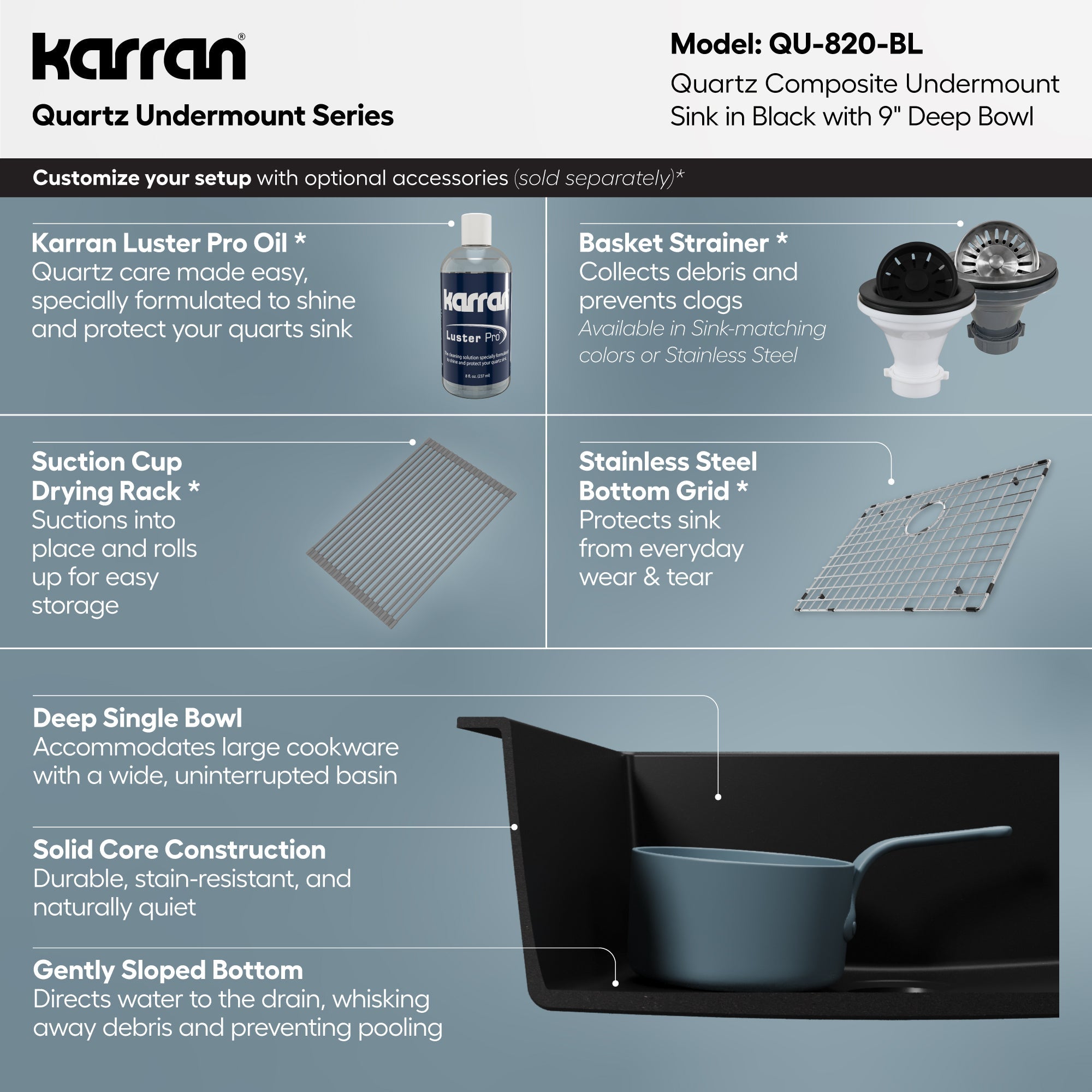 24-3/8" Undermount Single Bowl Quartz Composite Kitchen Sink In Black