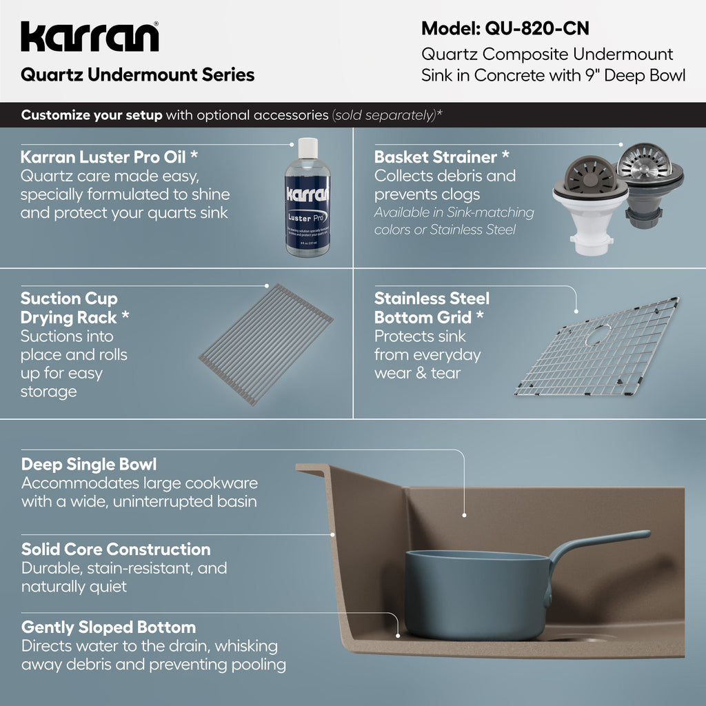 24-3/8" Undermount Single Bowl Quartz Composite Kitchen Sink In Concrete