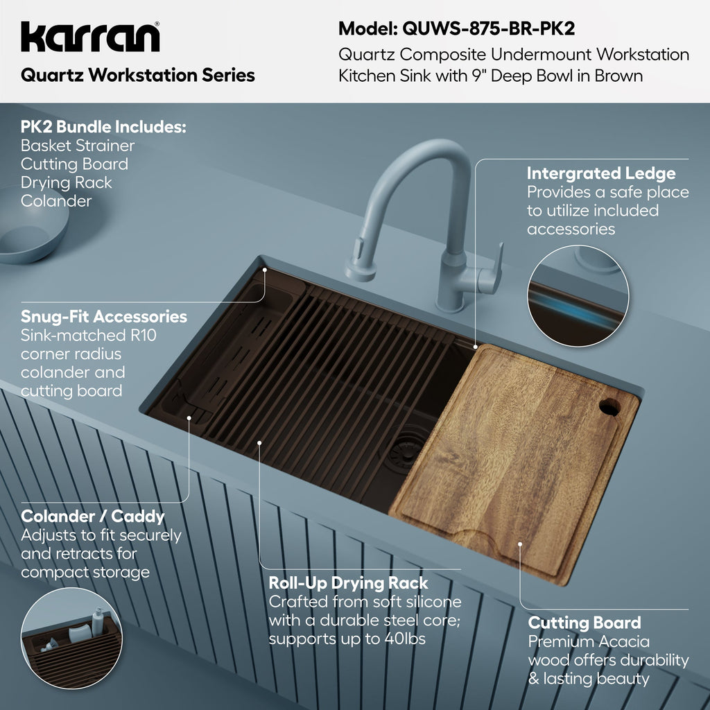 32" Undermount Single Bowl Quartz Kitchen Sink Kit In Brown