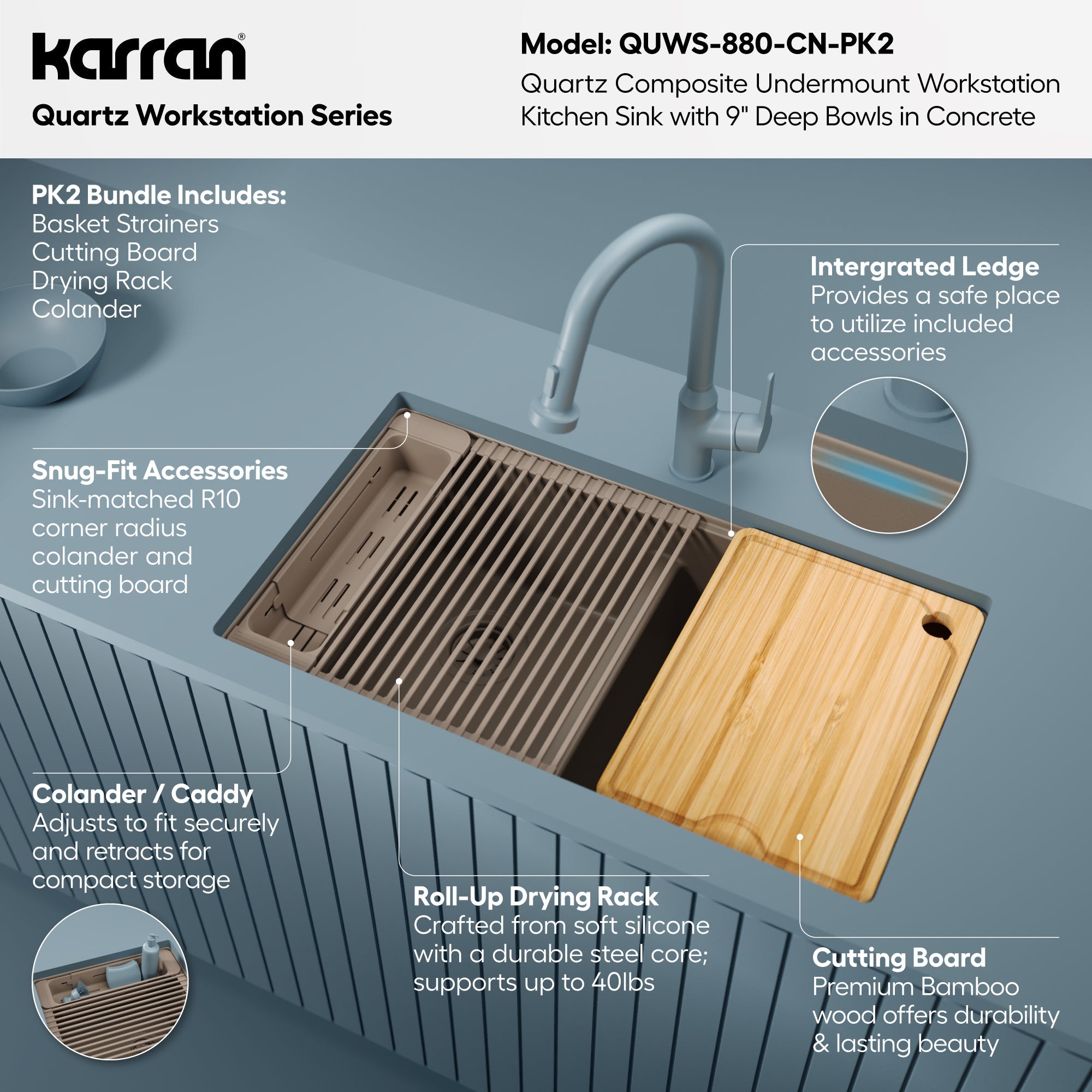 32" Undermount Double Bowl Quartz Kitchen Sink Kit In Concrete