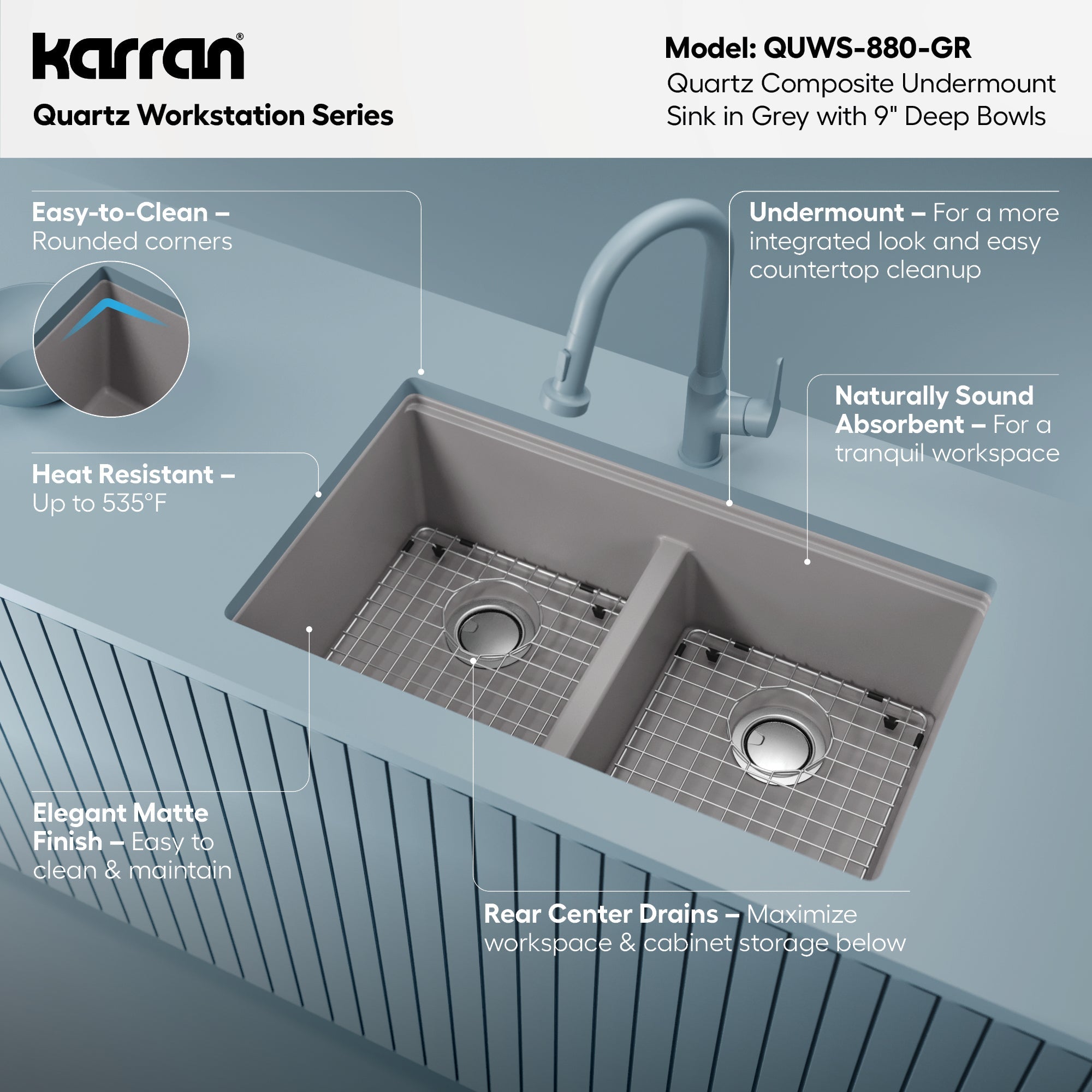 32-1/2" Undermount Double Equal Bowl Quartz Composite Workstation Kitchen Sink In Grey