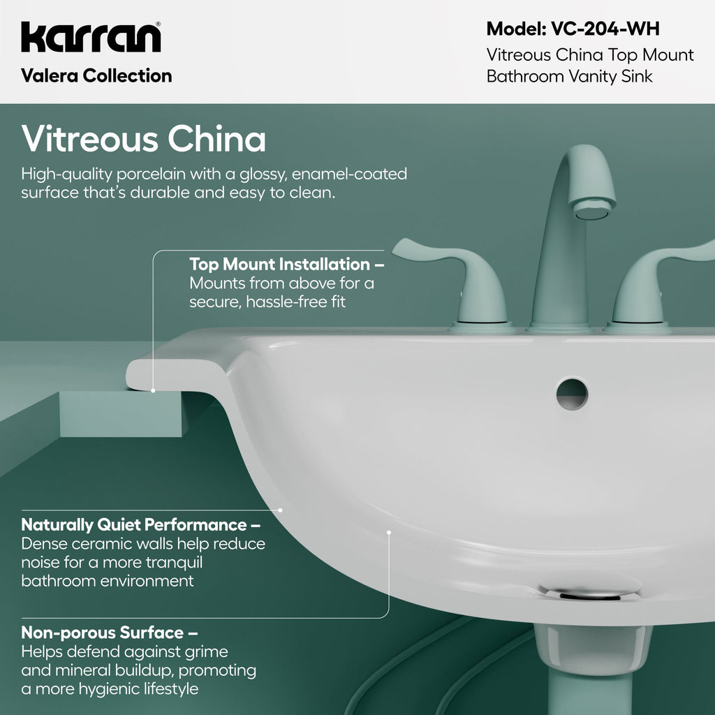 Valera 21" Rectangular Top Mount Vitreous China Bathroom Sink In White