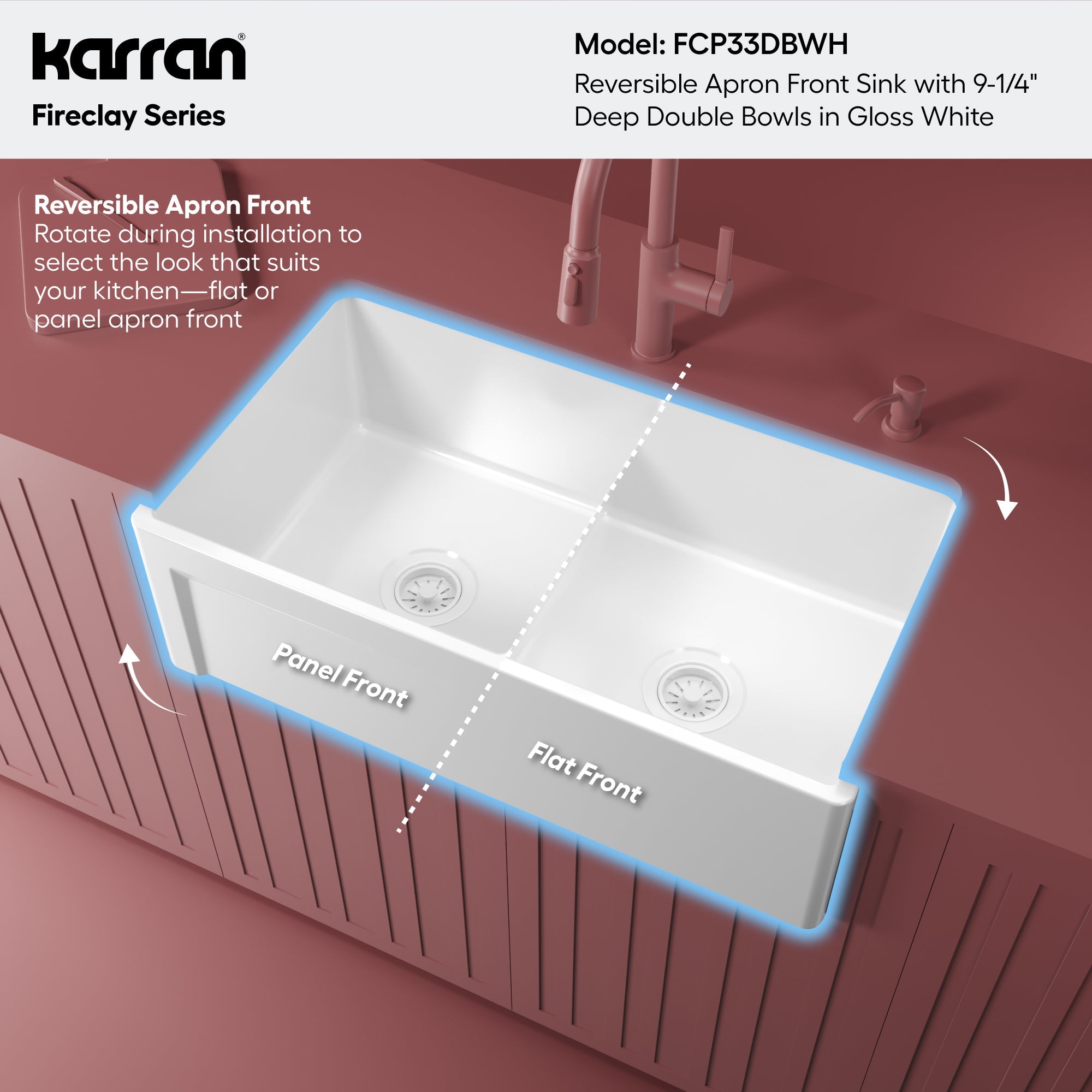 Fireclay 33" Reversible Apron Front Double Bowl Kitchen Sink In White