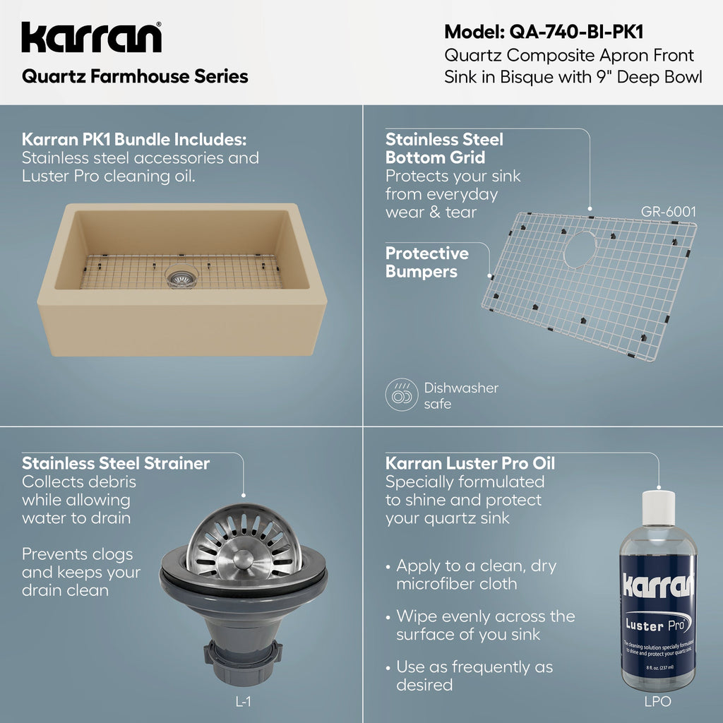 Farmhouse/Apron-Front Quartz Composite 34" Single Bowl Kitchen Sink Kit In Bisque
