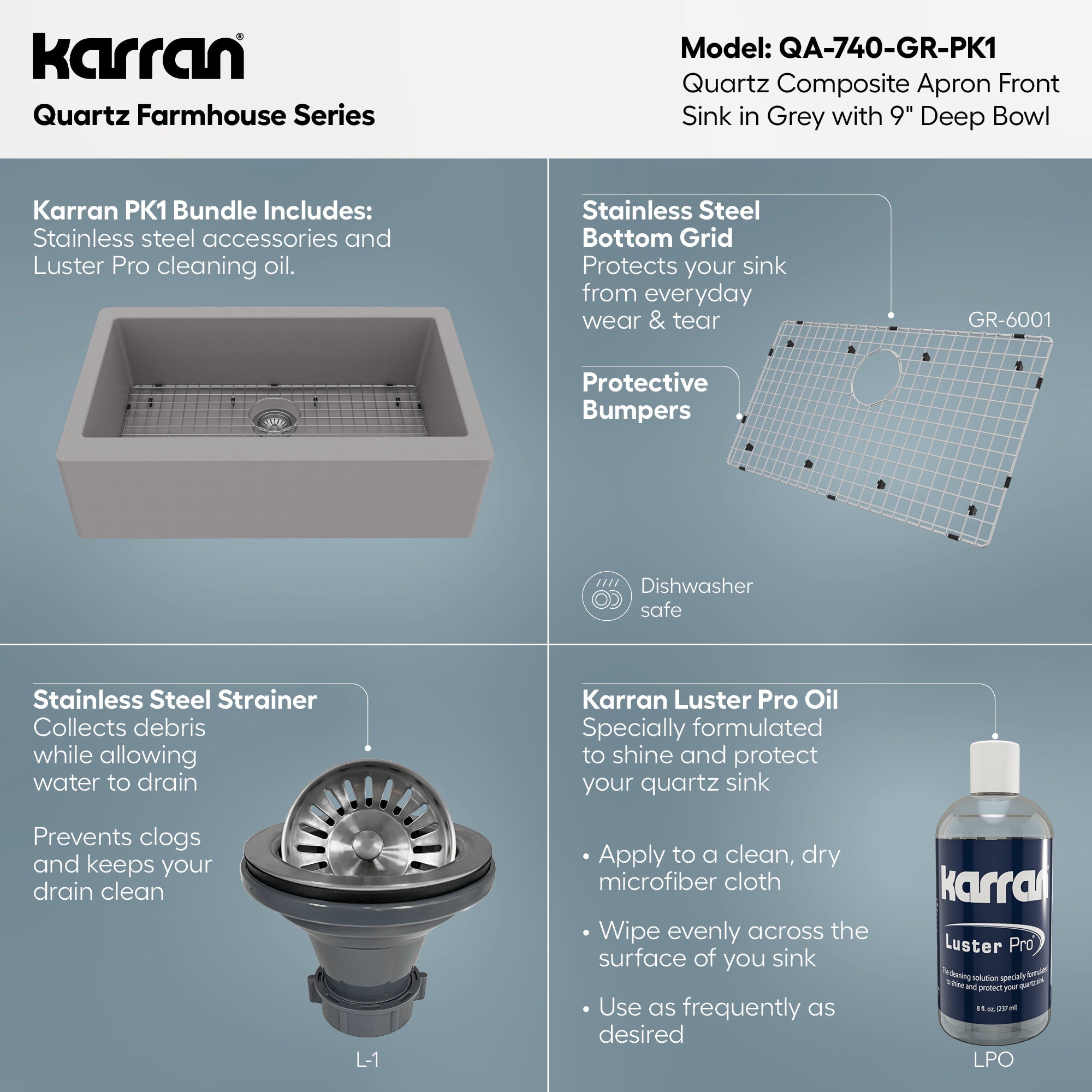 34" Farmhouse Large Single Bowl Quartz Composite Kitchen Sink Kit In Grey