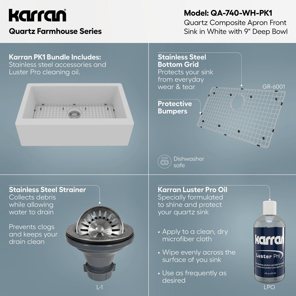 34" Farmhouse Large Single Bowl Quartz Composite Kitchen Sink Kit In White