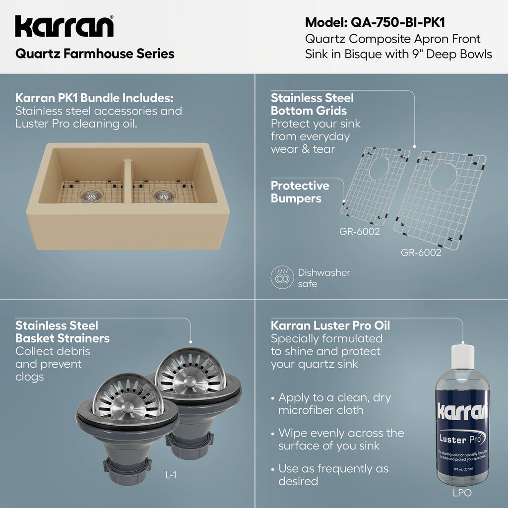 34" Farmhouse Double Equal Bowl Quartz Composite Kitchen Sink Kit In Bisque
