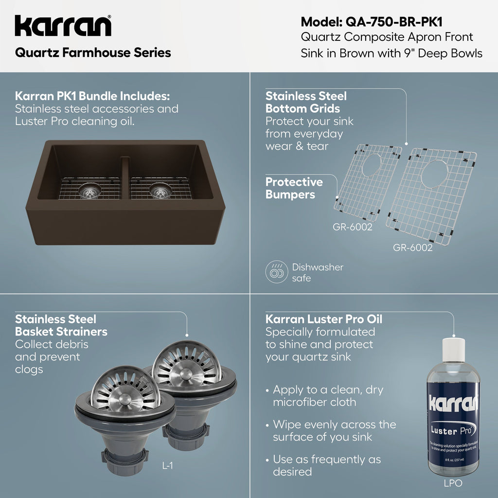 34" Farmhouse Double Equal Bowl Quartz Composite Kitchen Sink Kit In Brown