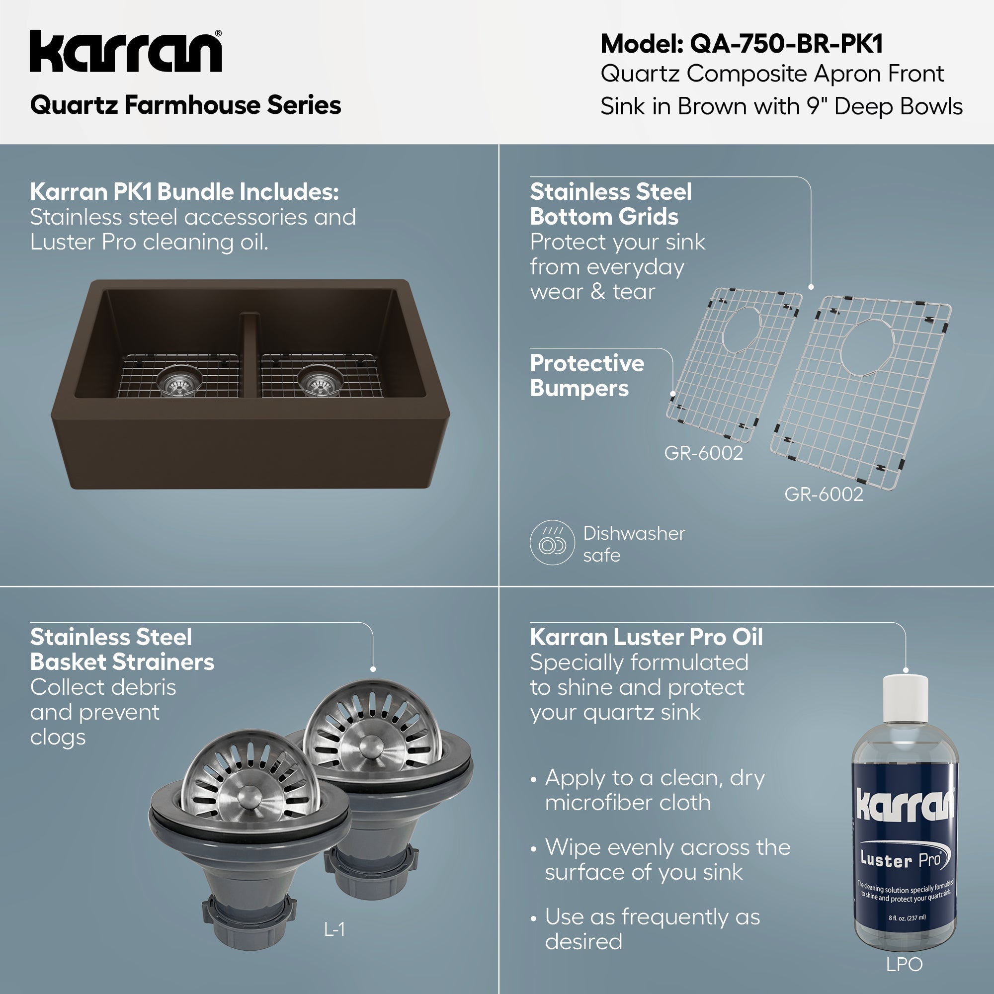 34" Farmhouse Double Equal Bowl Quartz Composite Kitchen Sink Kit In Brown