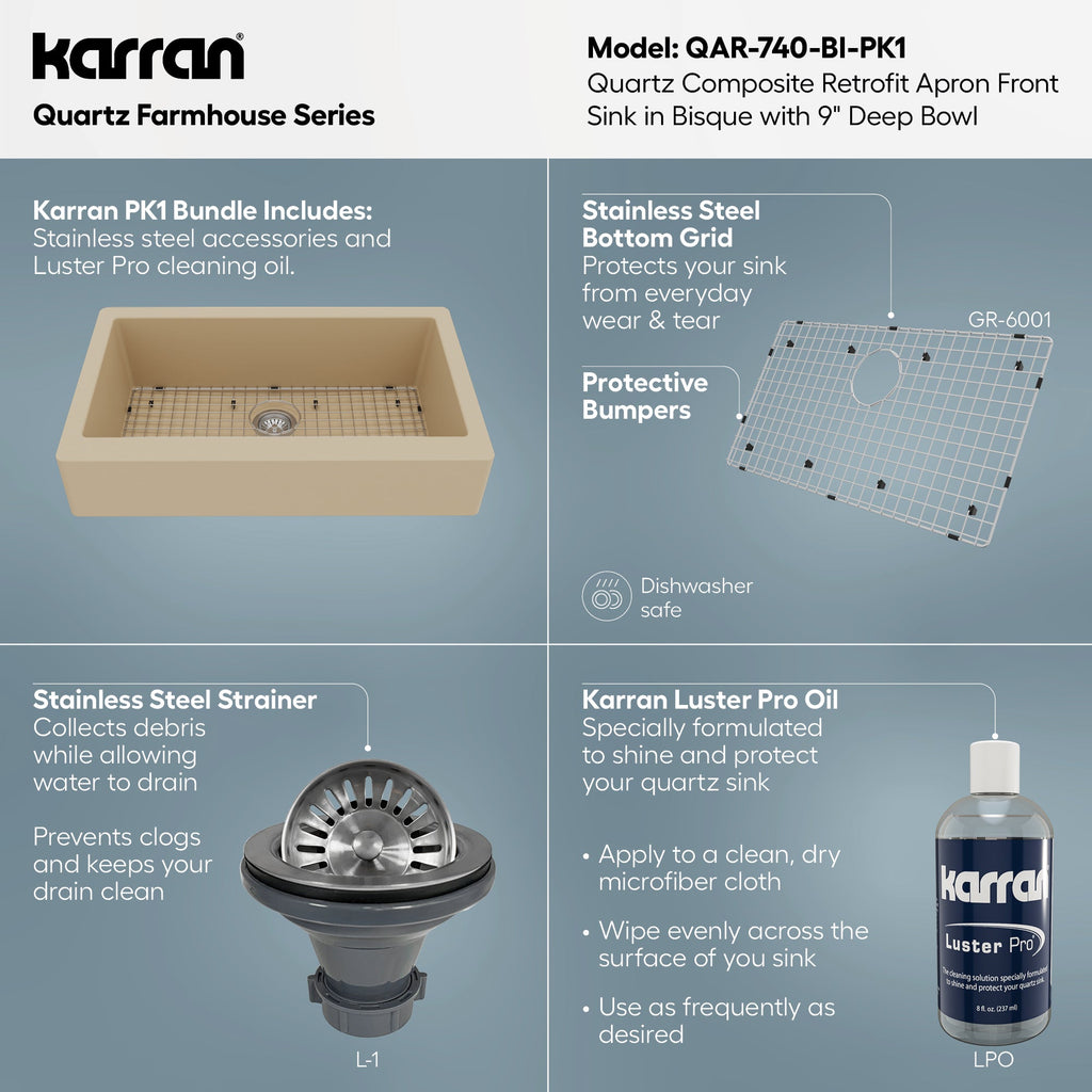34" Retrofit Farmhouse Large Single Bowl Quartz Composite Kitchen Sink Kit In Bisque
