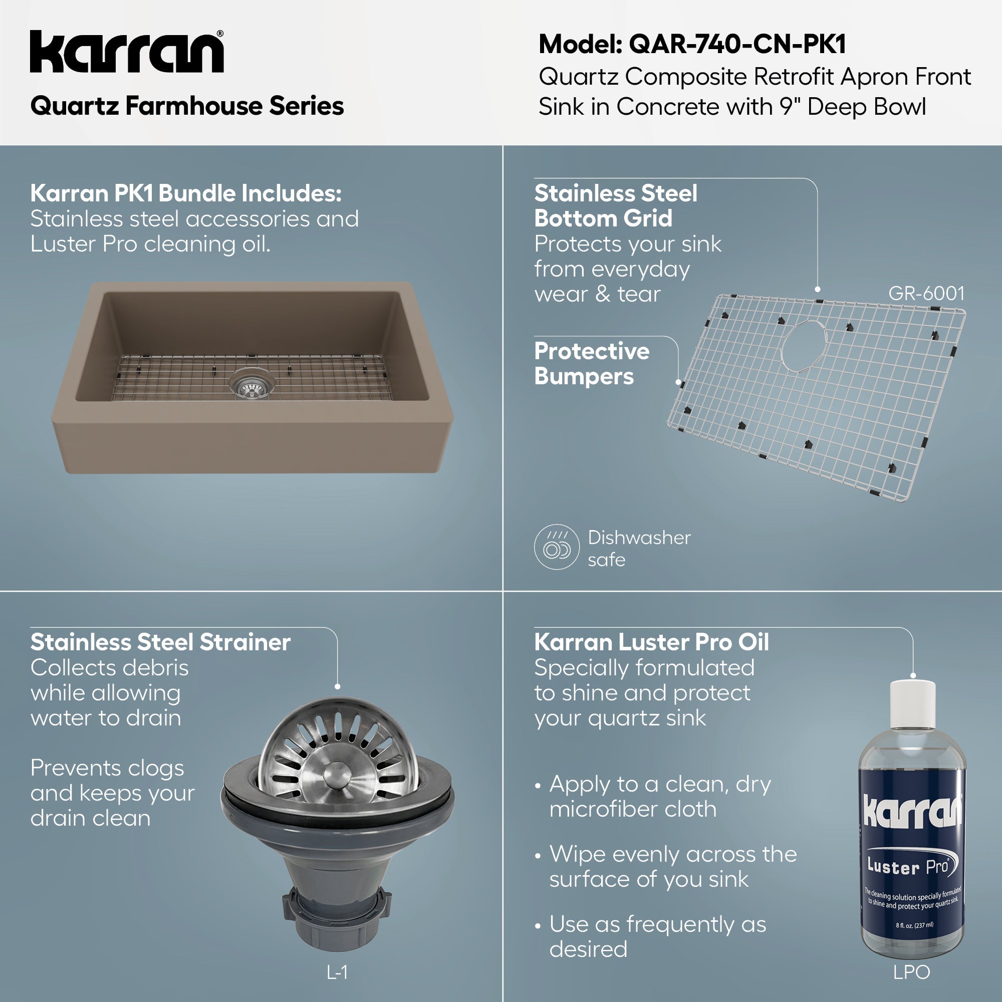 34" Retrofit Farmhouse Large Single Bowl Quartz Composite Kitchen Sink Kit In Concrete