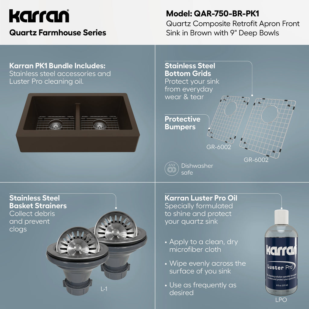 34" Retrofit Farmhouse Double Equal Bowl Quartz Composite Kitchen Sink Kit In Brown