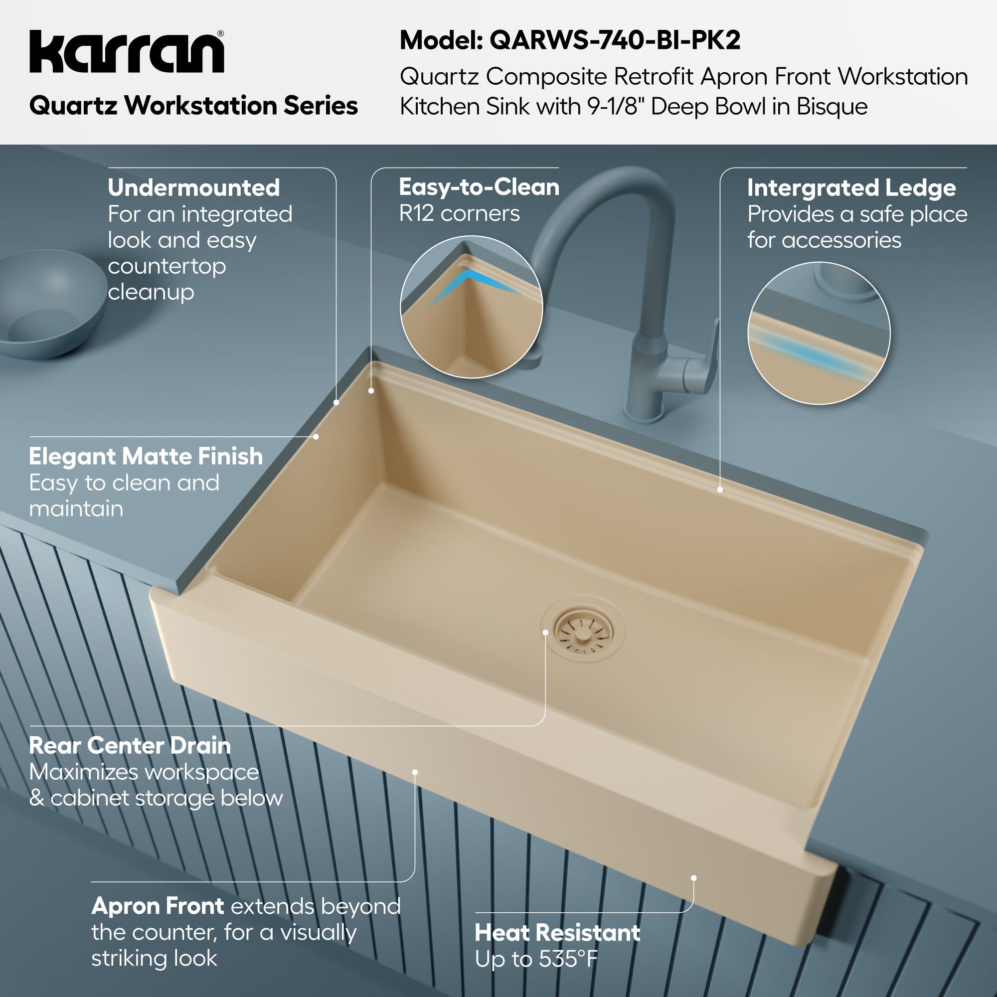 34" Apron Front Single Bowl Quartz Kitchen Sink Kit In Bisque
