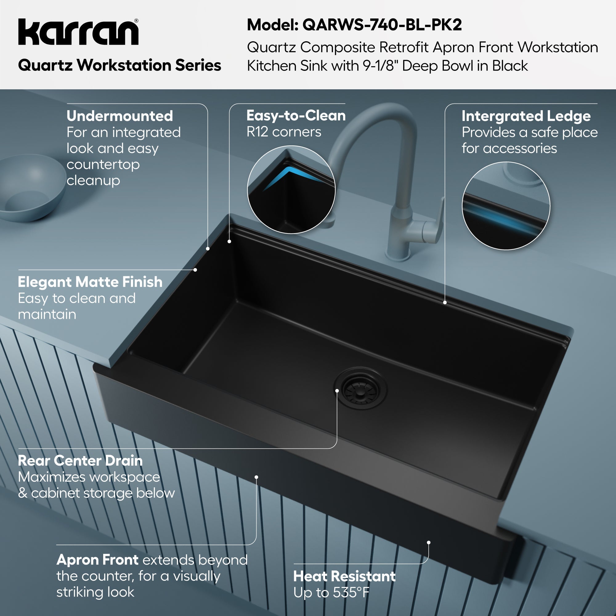34" Apron Front Single Bowl Quartz Kitchen Sink Kit In Black