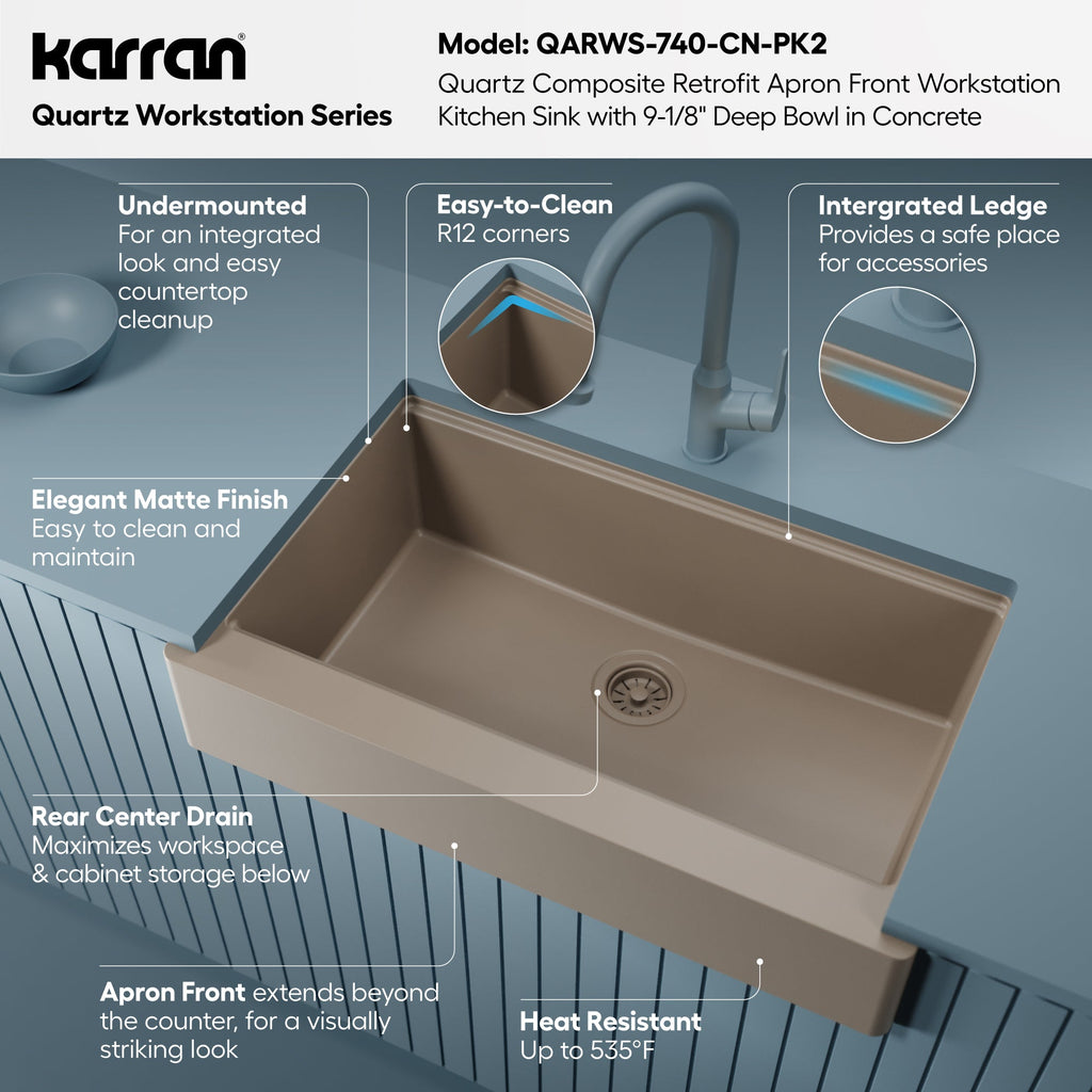 34" Apron Front Single Bowl Quartz Kitchen Sink Kit In Concrete