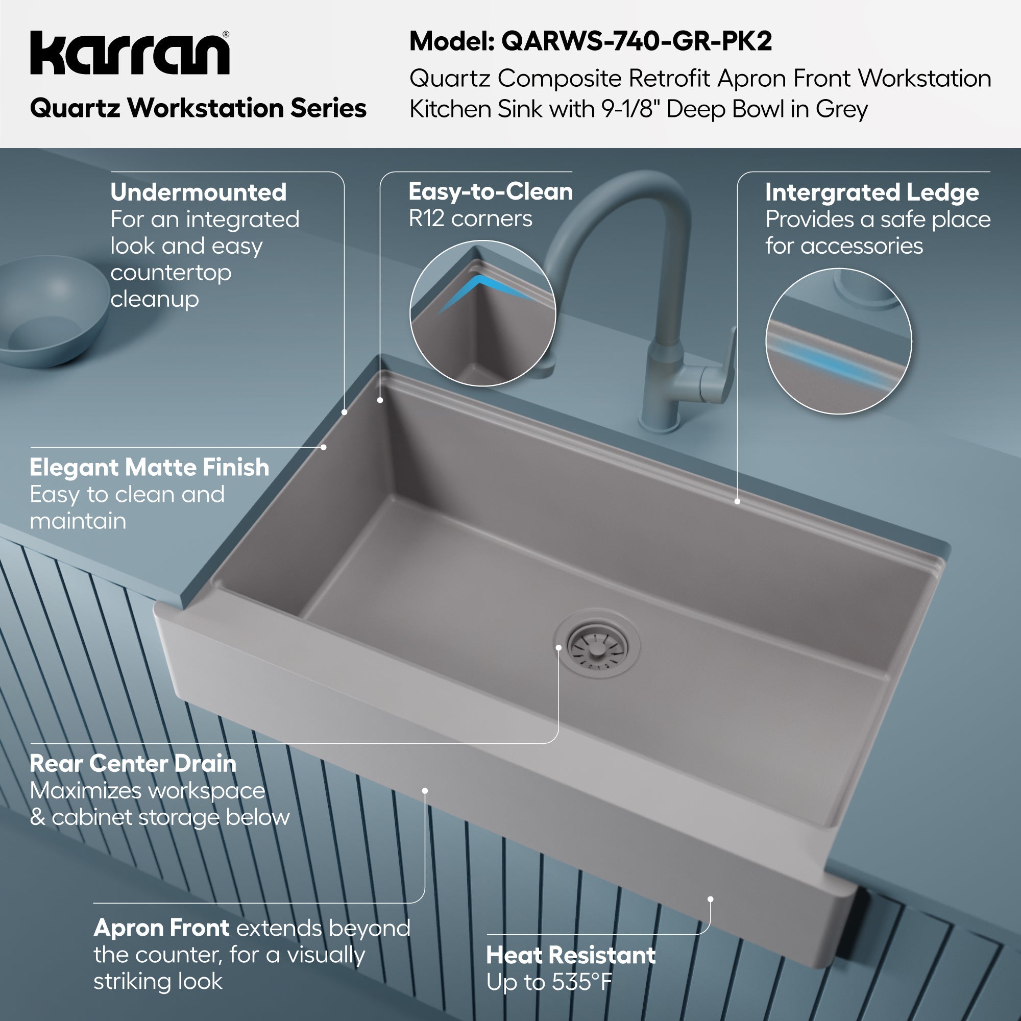 34" Apron Front Single Bowl Quartz Kitchen Sink Kit In Grey