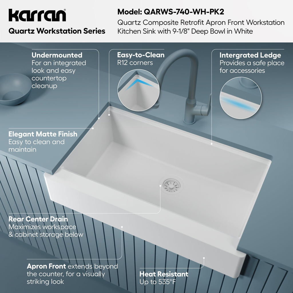 34" Apron Front Single Bowl Quartz Kitchen Sink Kit In White