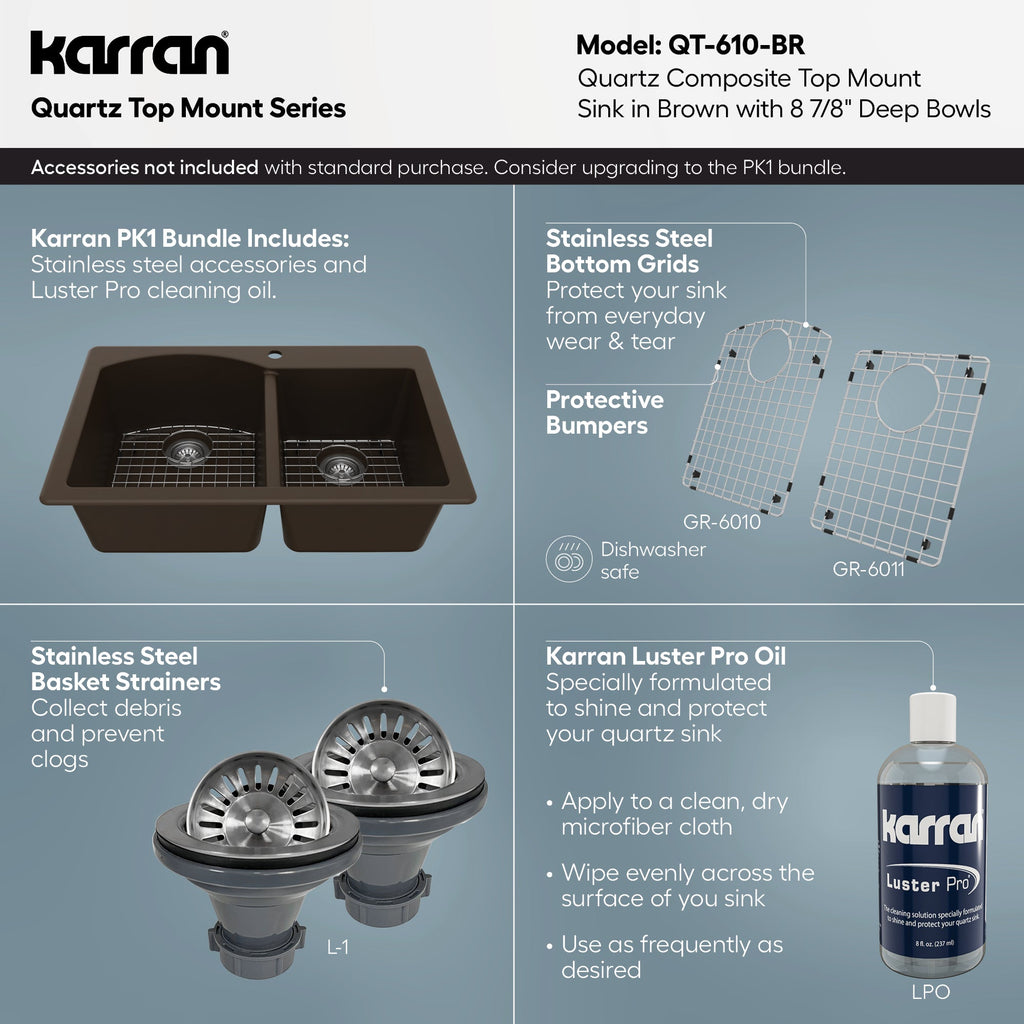 33" Top Mount Double Offset Bowl Quartz Composite Kitchen Sink In Brown