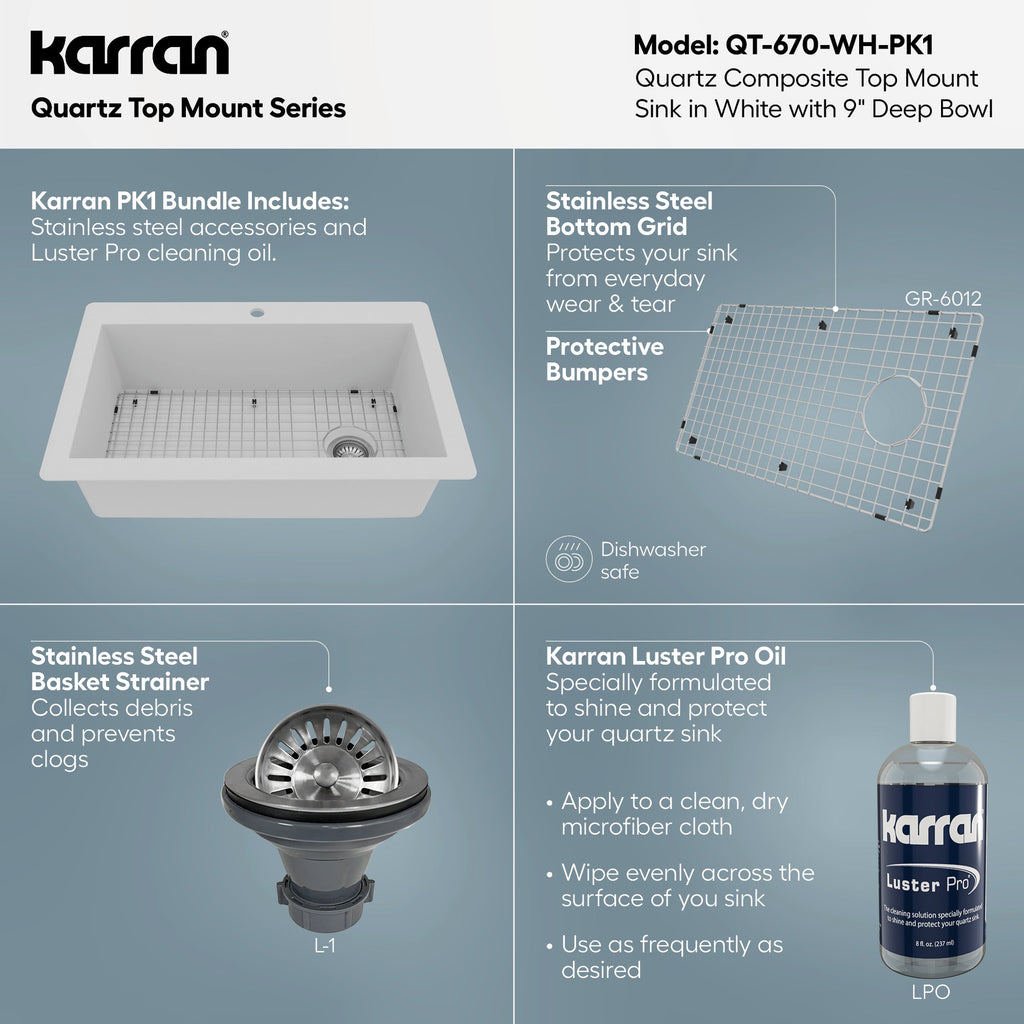 33" Top Mount Large Single Bowl Quartz Composite Kitchen Sink Kit In White