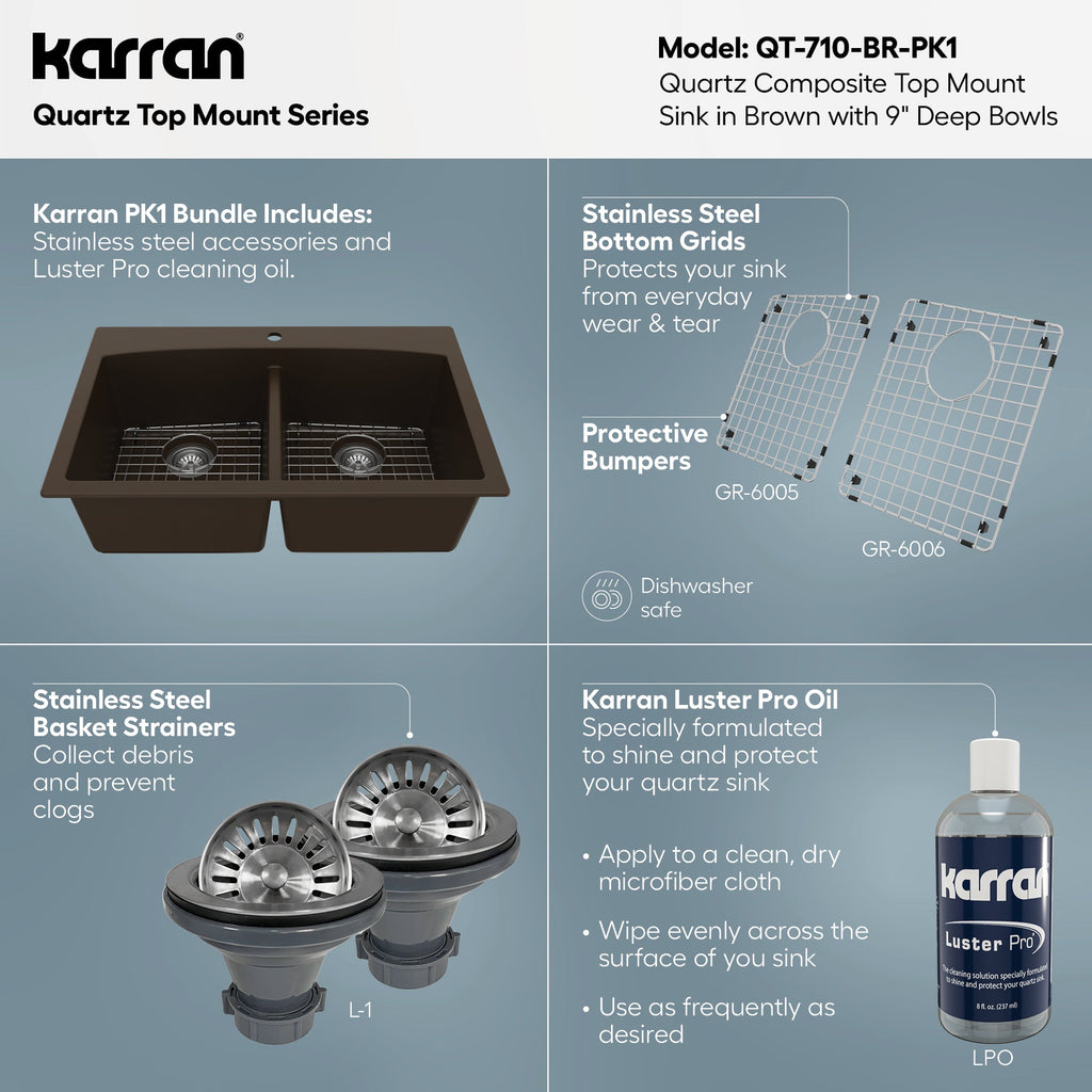 33" Top Mount Double Equal Bowl Quartz Composite Kitchen Sink Kit In Brown