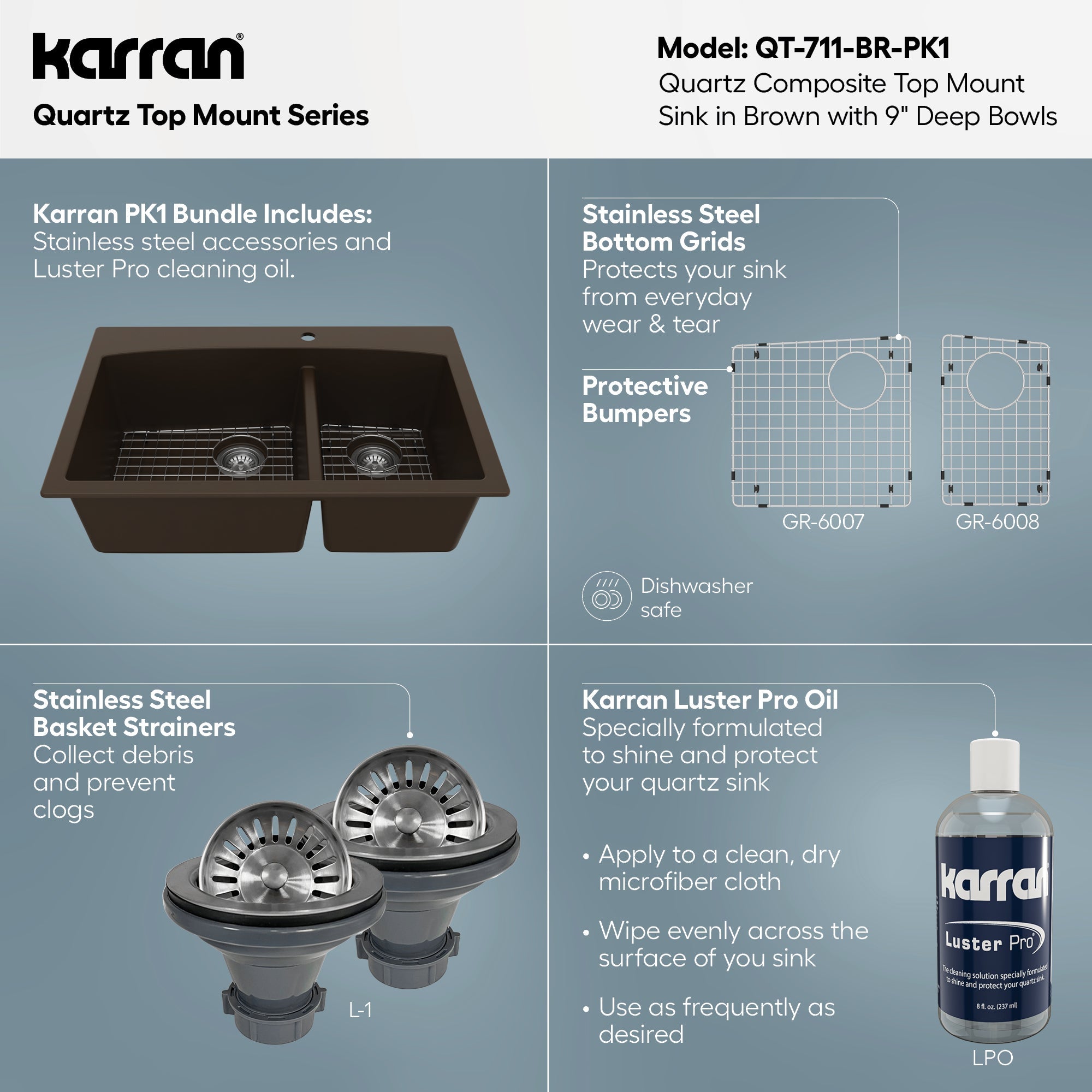 33" Top MountDouble Offset Bowl Quartz Composite Kitchen Sink Kit In Brown