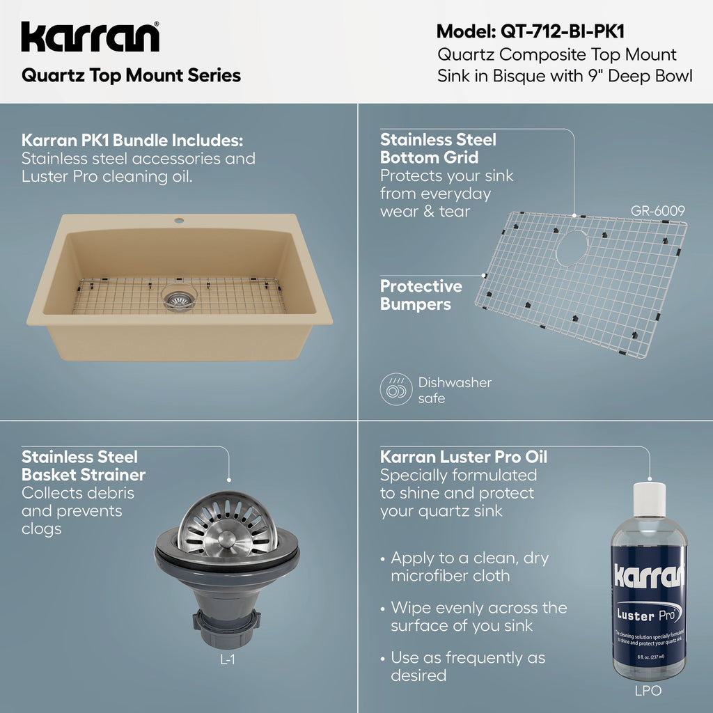 33" Top Mount Large Single Bowl Quartz Composite Kitchen Sink Kit In Bisque