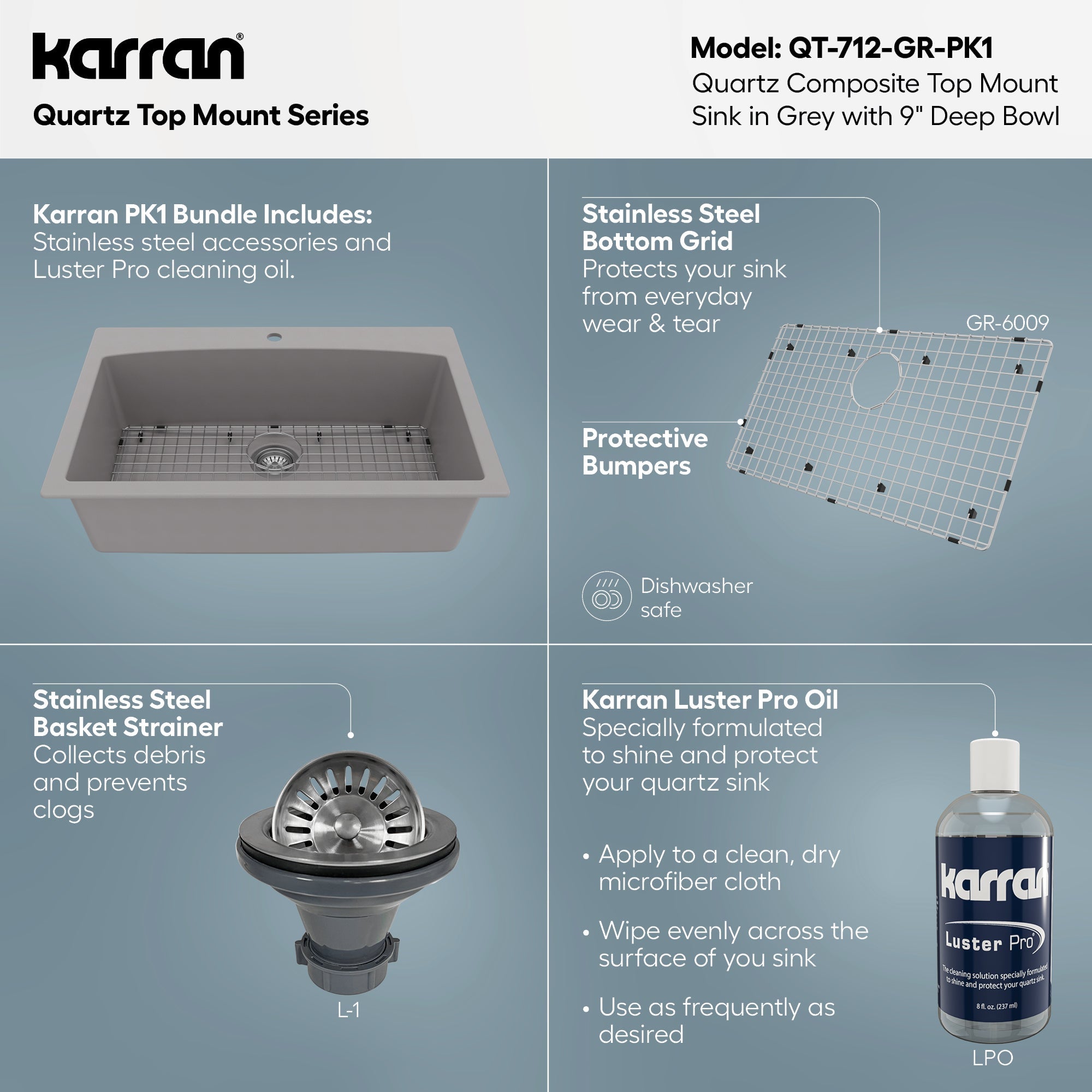 33" Top Mount Large Single Bowl Quartz Composite Kitchen Sink Kit Grey